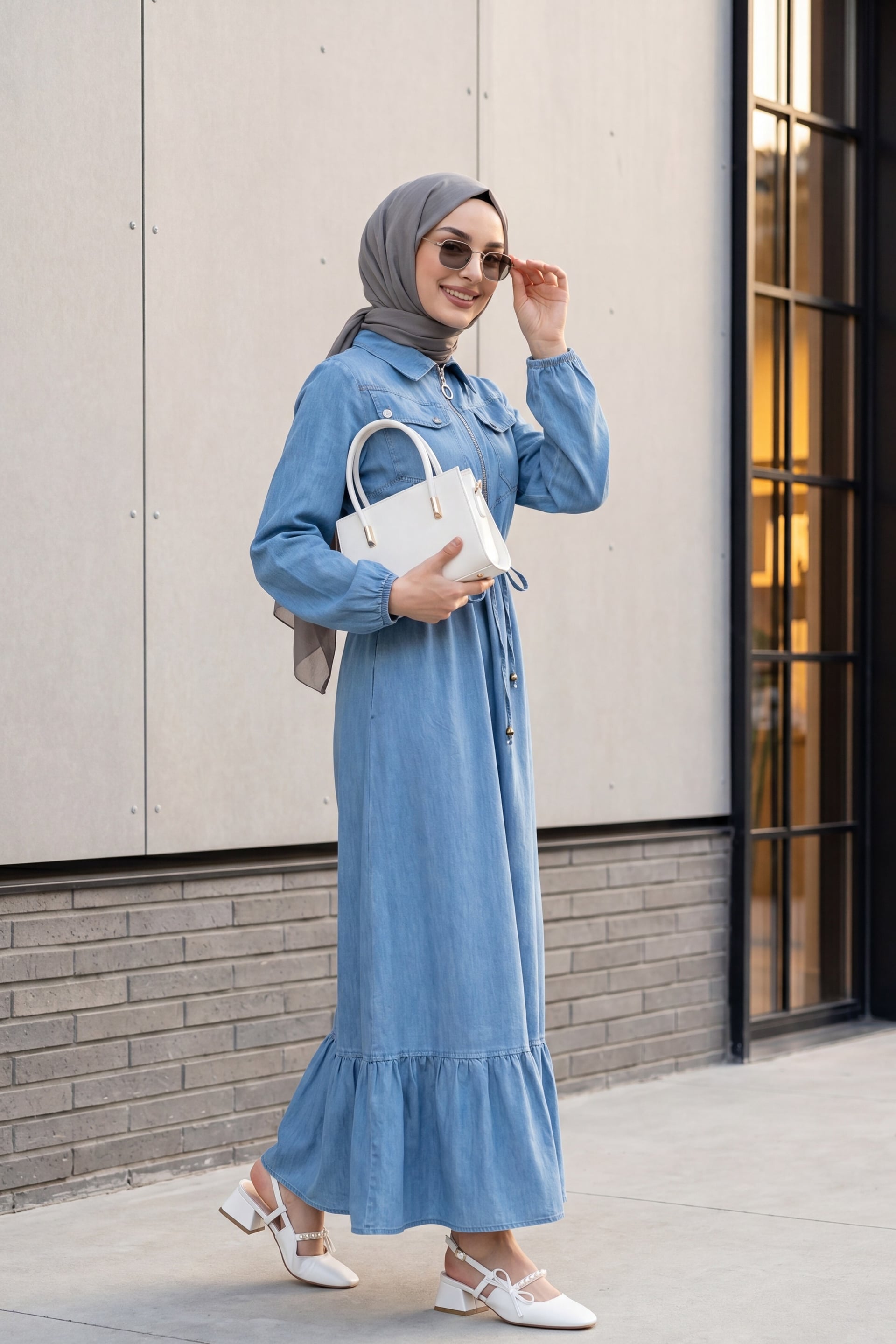 Tunnel Drawstring Half-Zip Pocket Denim Dress - Blue - Podyumplus - by Peralane - photo 3