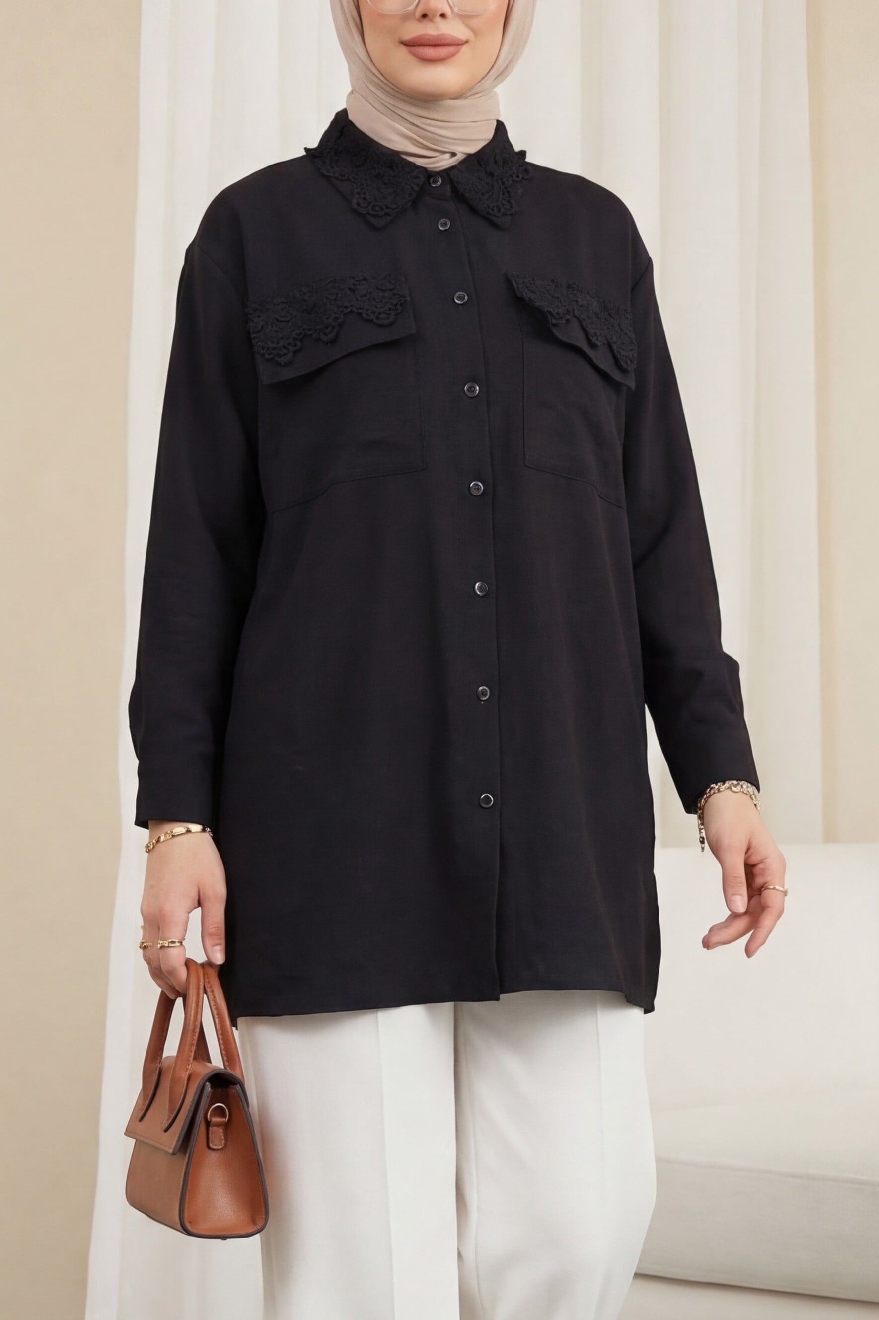 Black Lace Trim Blouse with Pointed Collar and Chest Pockets - Podyumplus - by Peralane