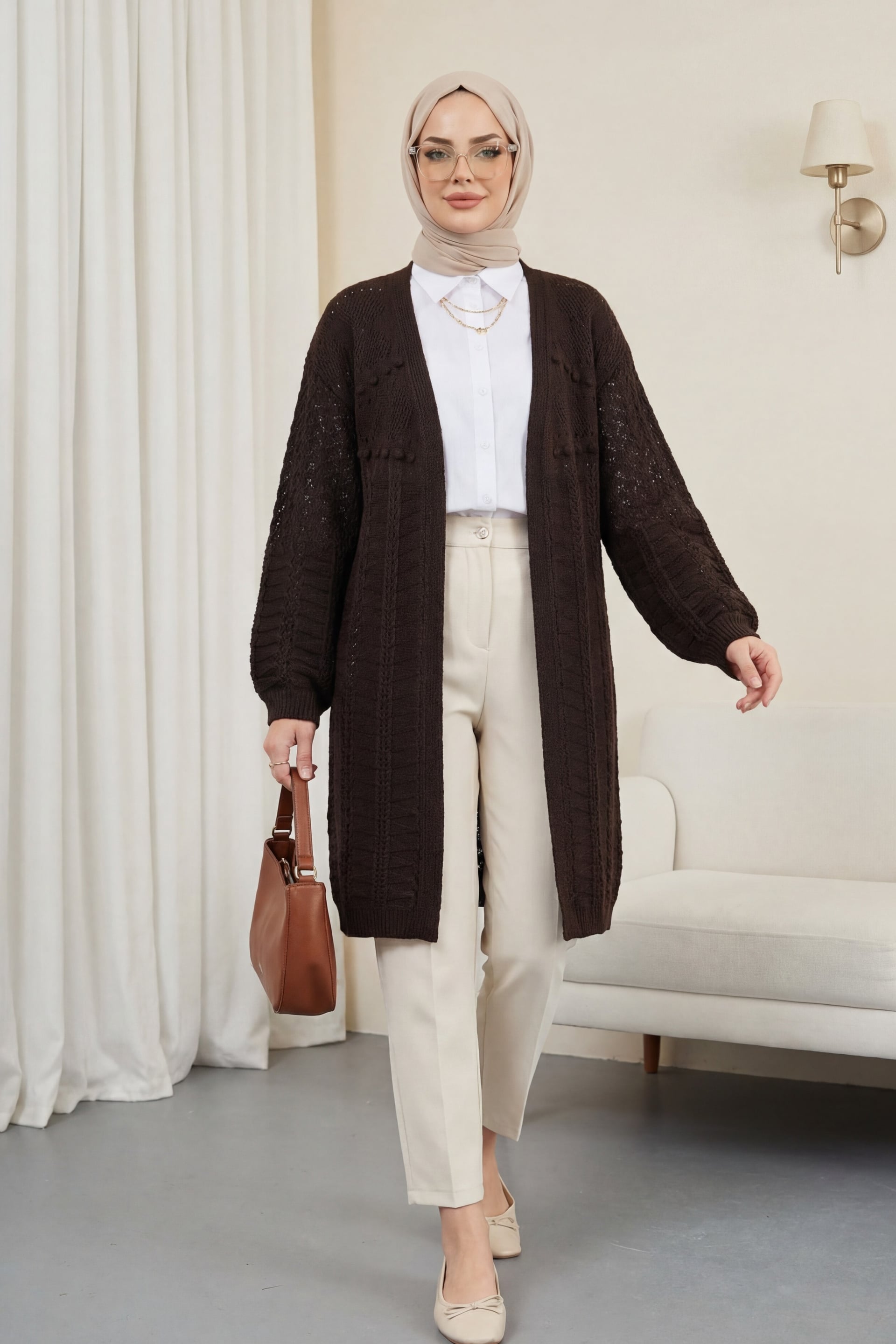 Pom-Pom Mixed Pattern Midi Length Knit Cardigan - Brown - Podyumplus - by Peralane