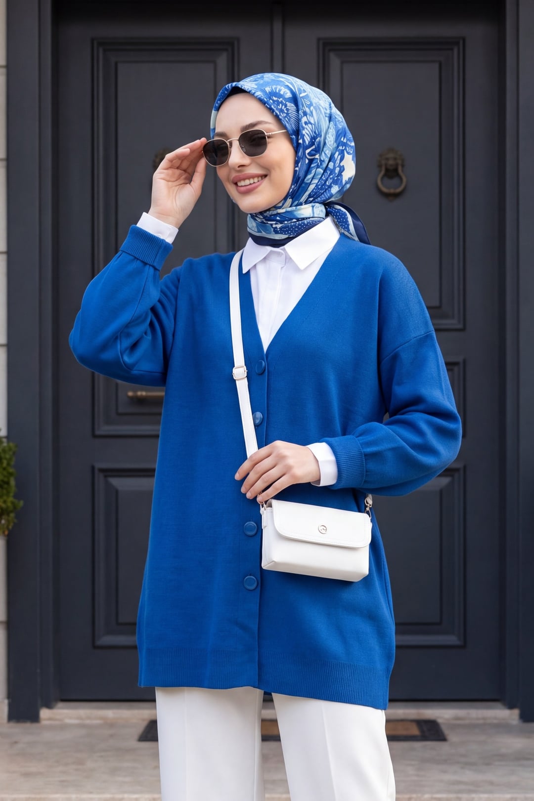 Buttoned Winter Modest Knit Cardigan - Royal Blue - Podyumplus - by Peralane