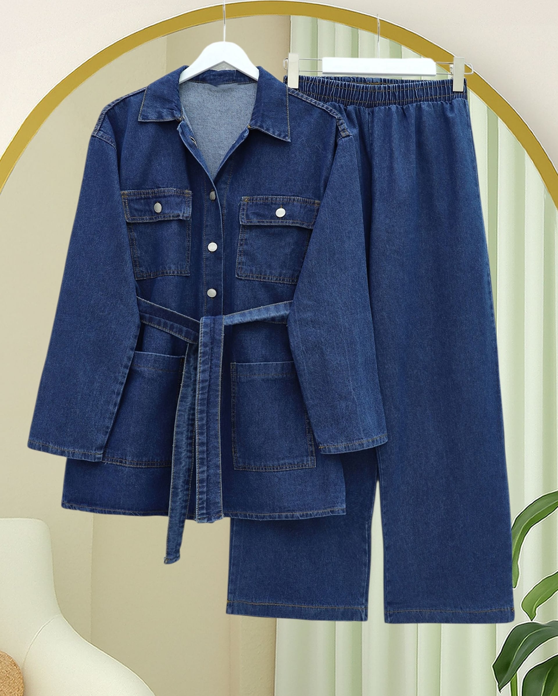 Indigo Denim Two-Piece Set with Jacket and Wide-Leg Trousers - Podyumplus - by Peralane - photo 3