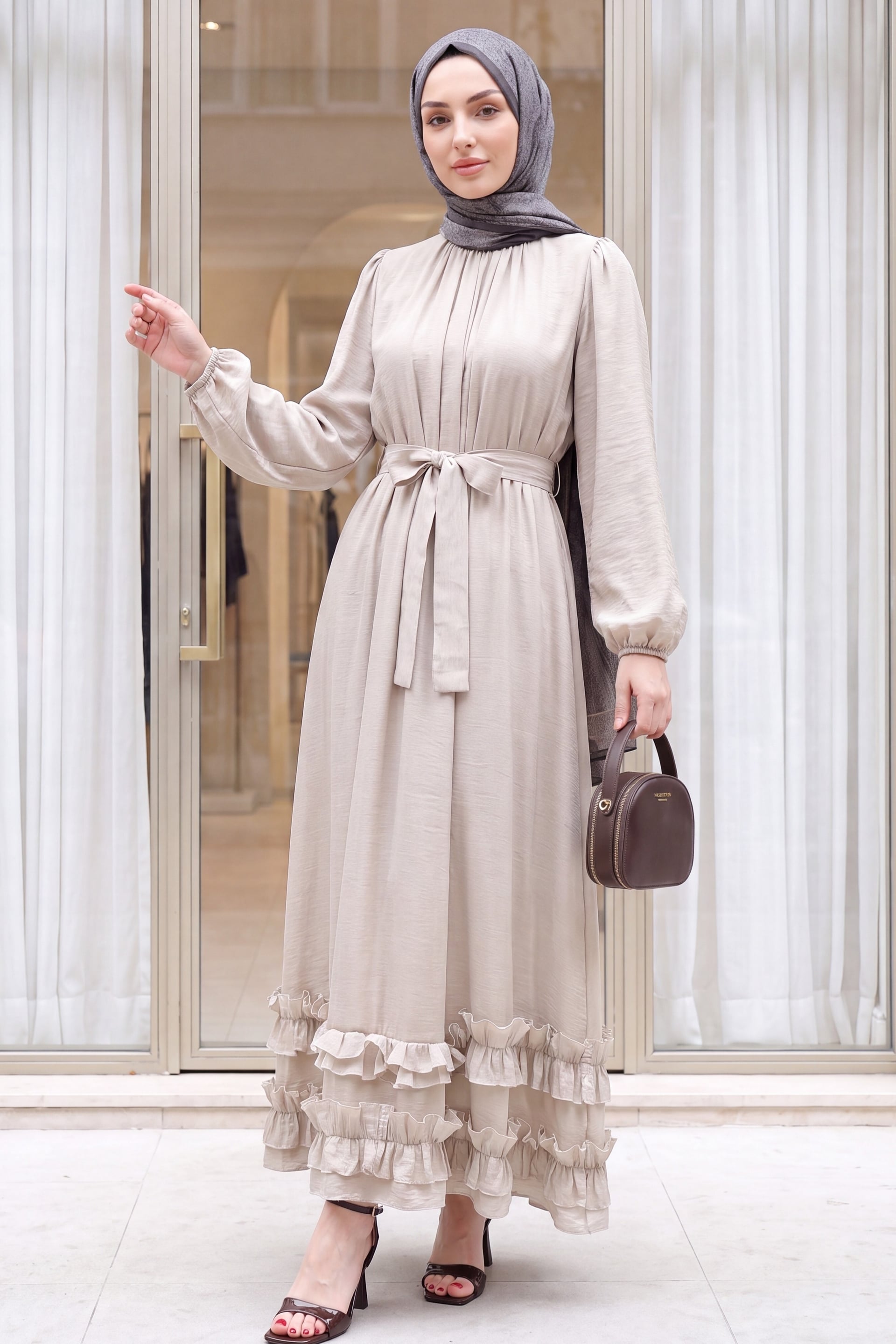 Long Dress with Ruffled Collar and Hem, Balloon Sleeves, Belted, in Stone - Podyumplus - by Peralane
