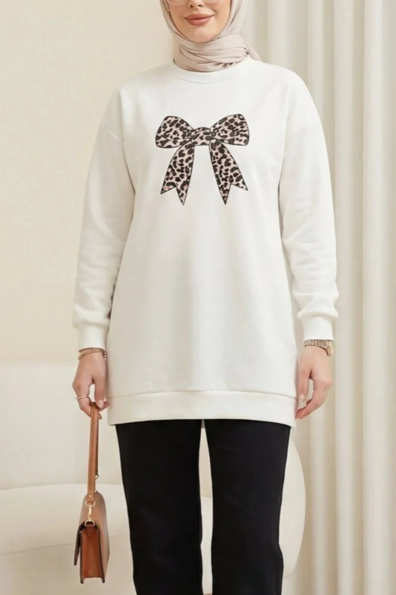 Round Neck Bow Print Relaxed Oysho Tunic - Ecru - Podyumplus - by Peralane - photo 4