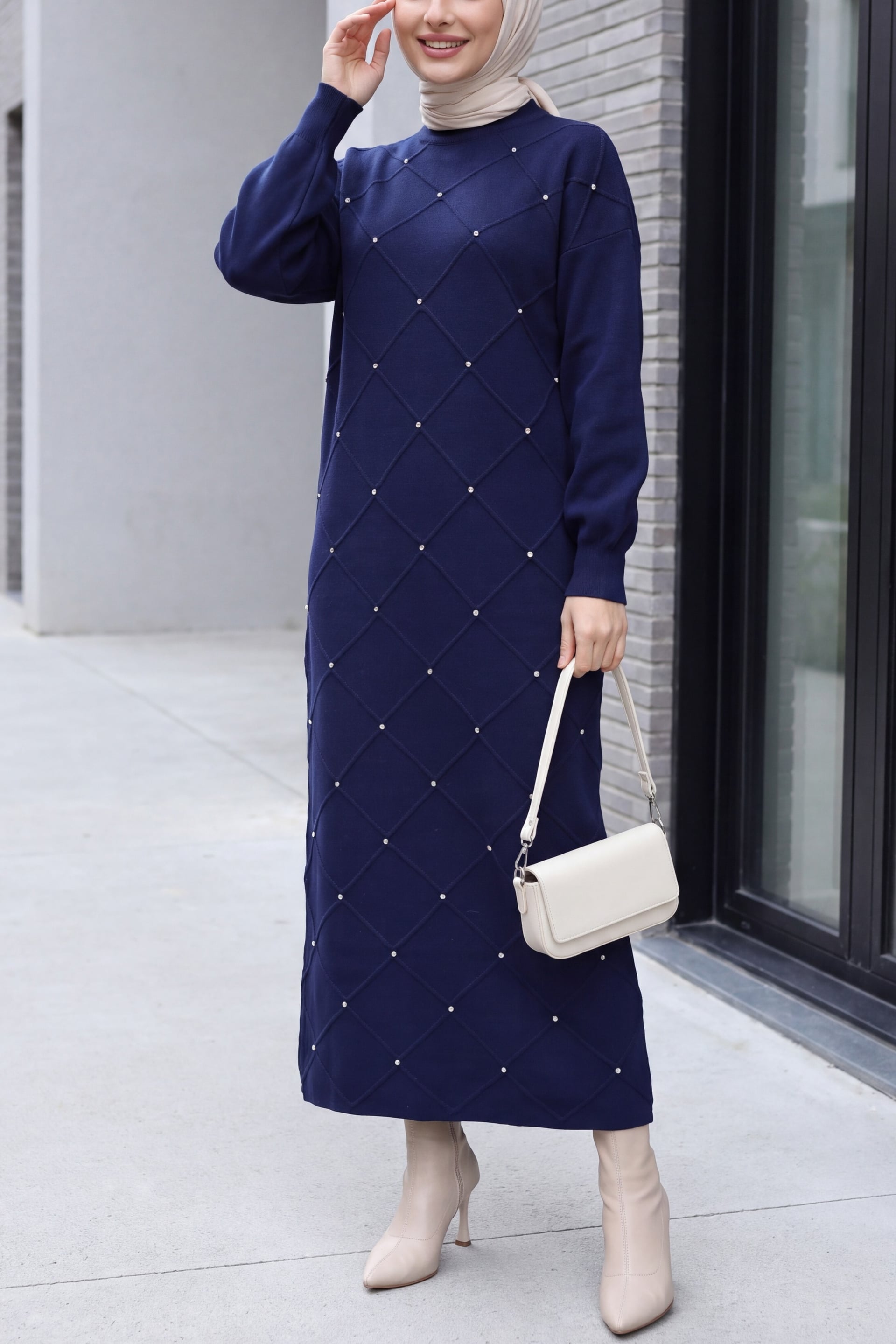 Stone Detail Check Pattern Balloon Sleeve Knit Dress - Navy Blue - Podyumplus - by Peralane