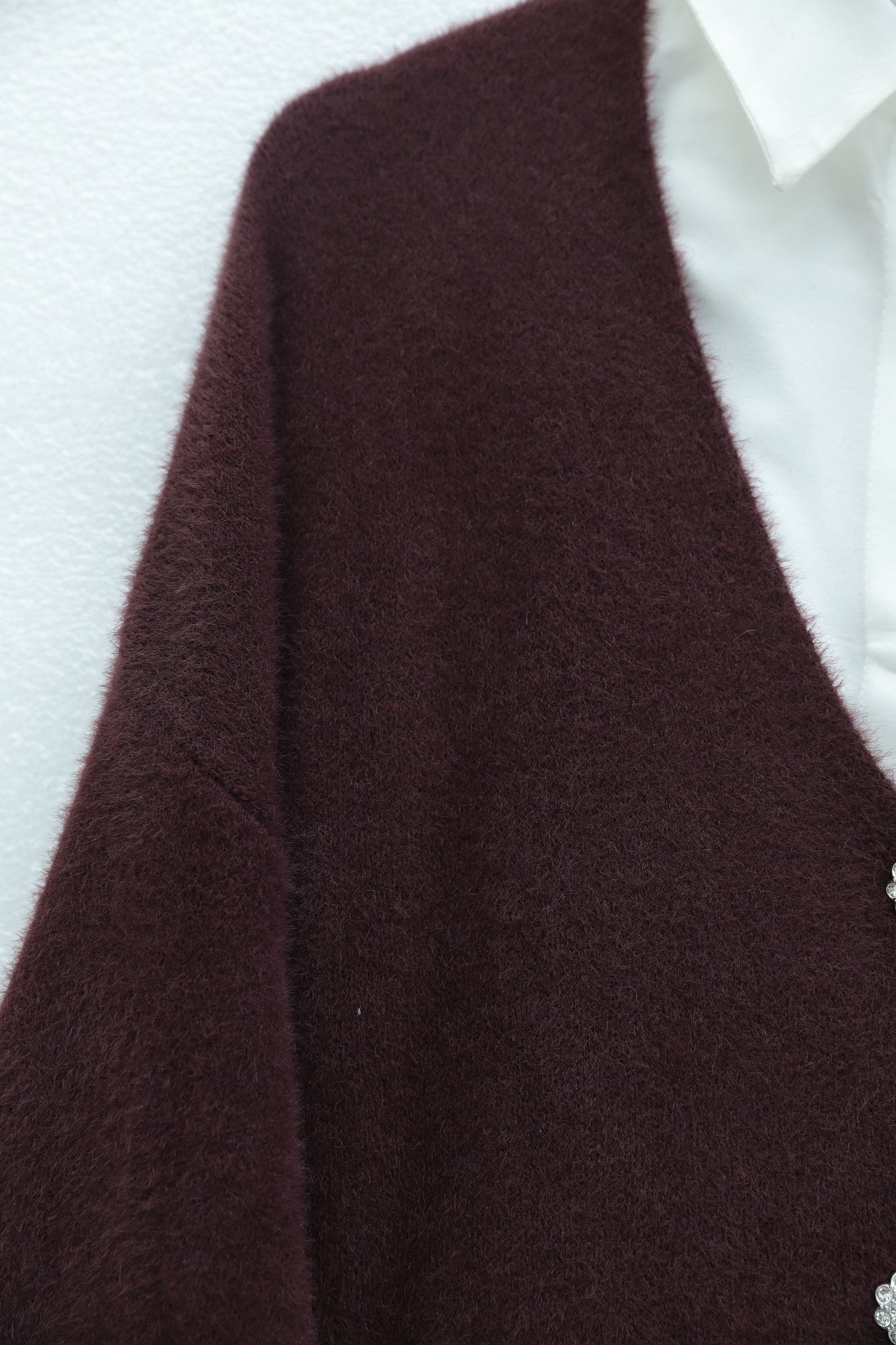 Burgundy Button-Front Fuzzy Knit Cardigan - Podyumplus - by Peralane - photo 5