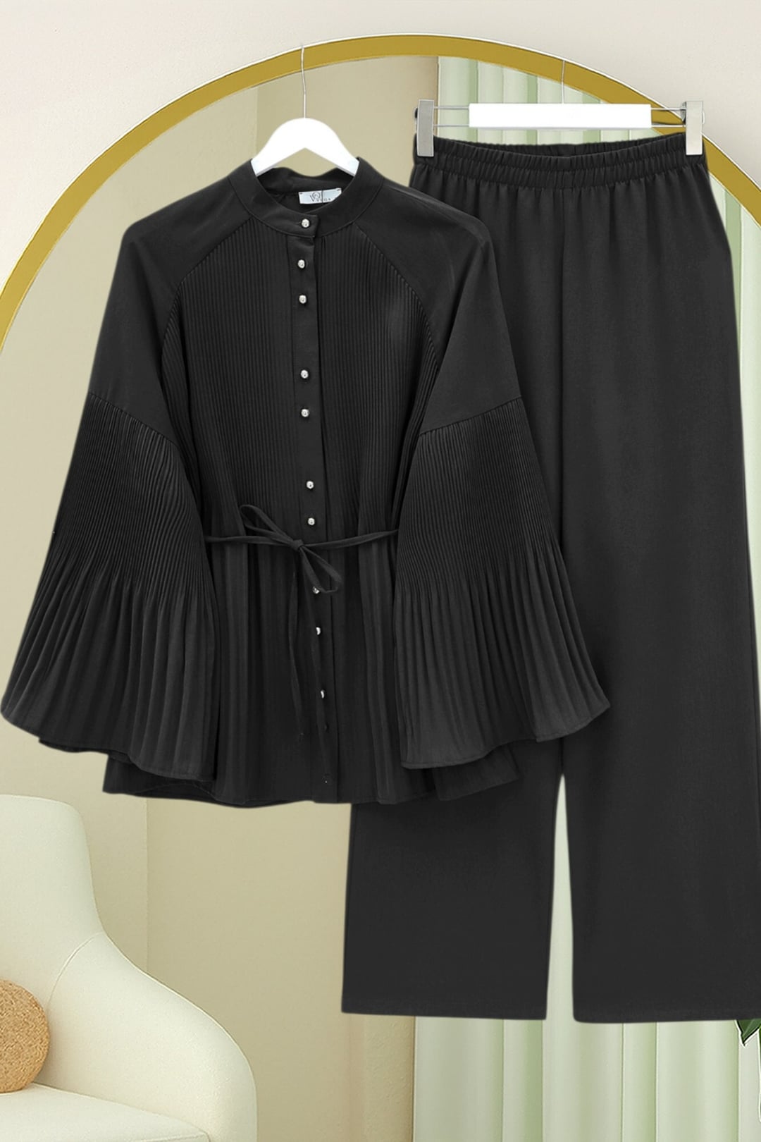 Pleated Mandarin Collar Buttoned Crepe Set - Black - Podyumplus - by Peralane - photo 4