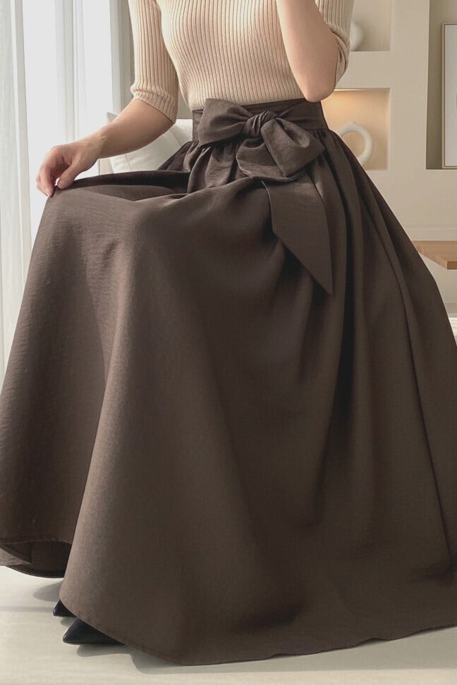 Pleated Belted Parachute Skirt - Dark Brown - Podyumplus - by Peralane - photo 3