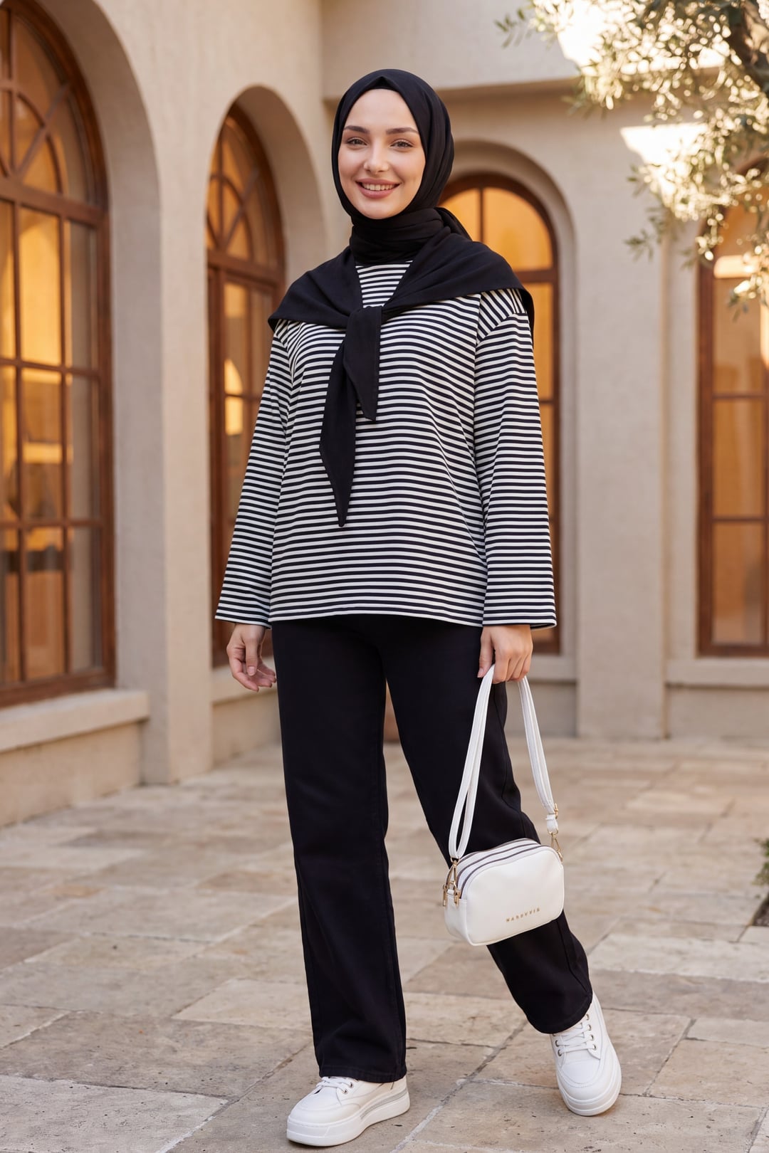 Women's Black and White Striped Wide-Sleeve Bicycle Neck Sweatshirt with Scarf Detail - Podyumplus - by Peralane - photo 5