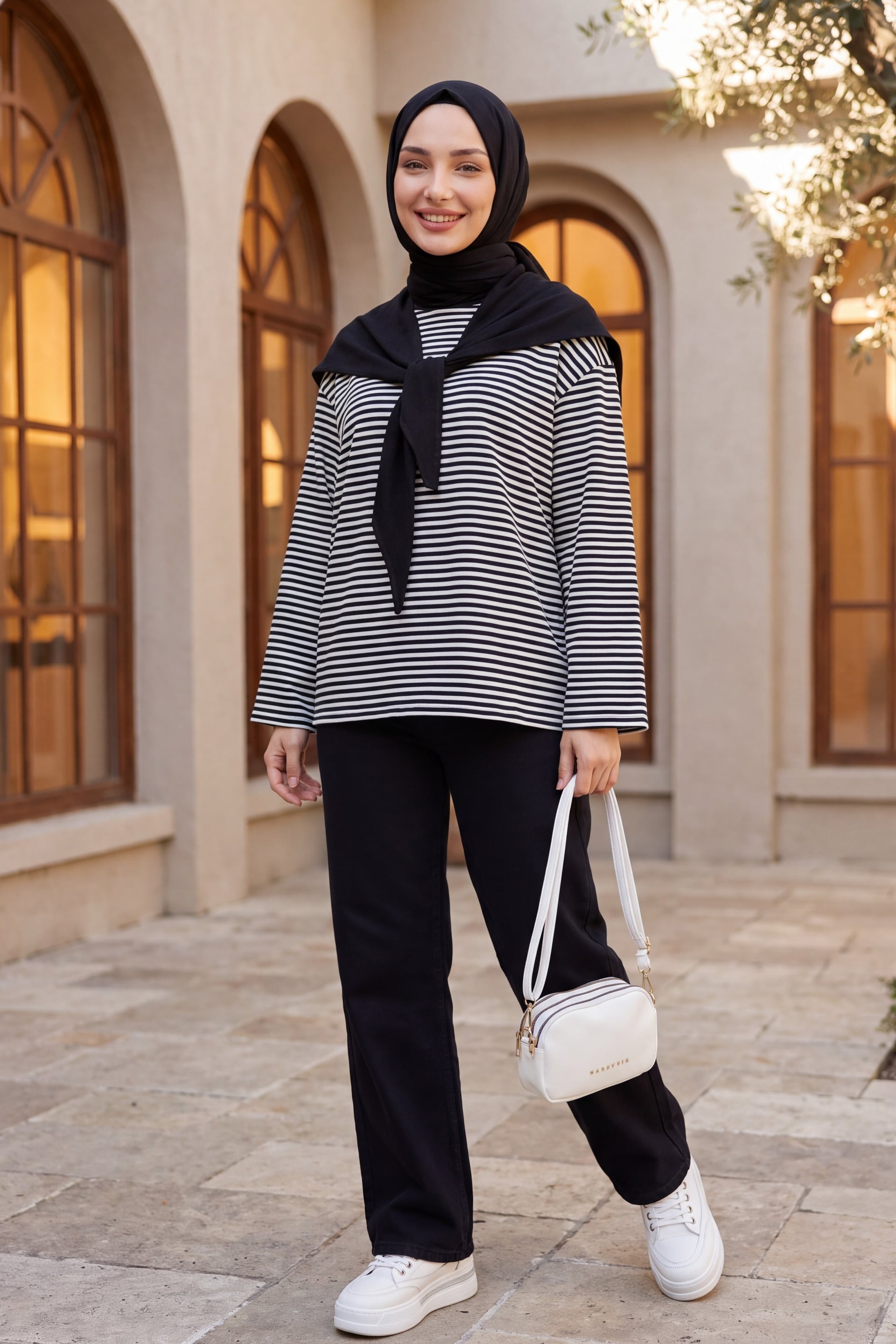 Women's Black and White Striped Wide-Sleeve Bicycle Neck Sweatshirt with Scarf Detail - Podyumplus - by Peralane - photo 5
