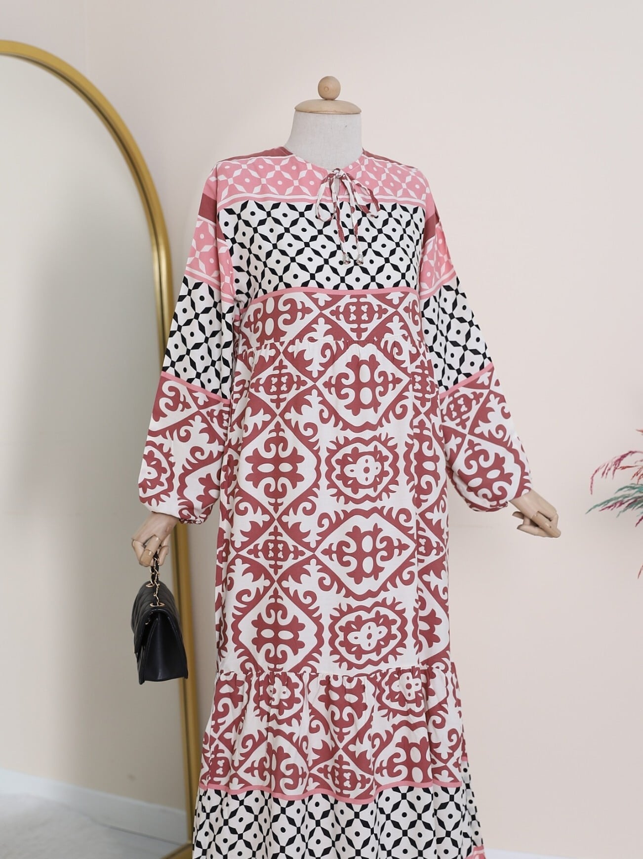 Geometric Print Tie-Neck Tiered Maxi Dress - Dusty Rose - Podyumplus - by Peralane - photo 6
