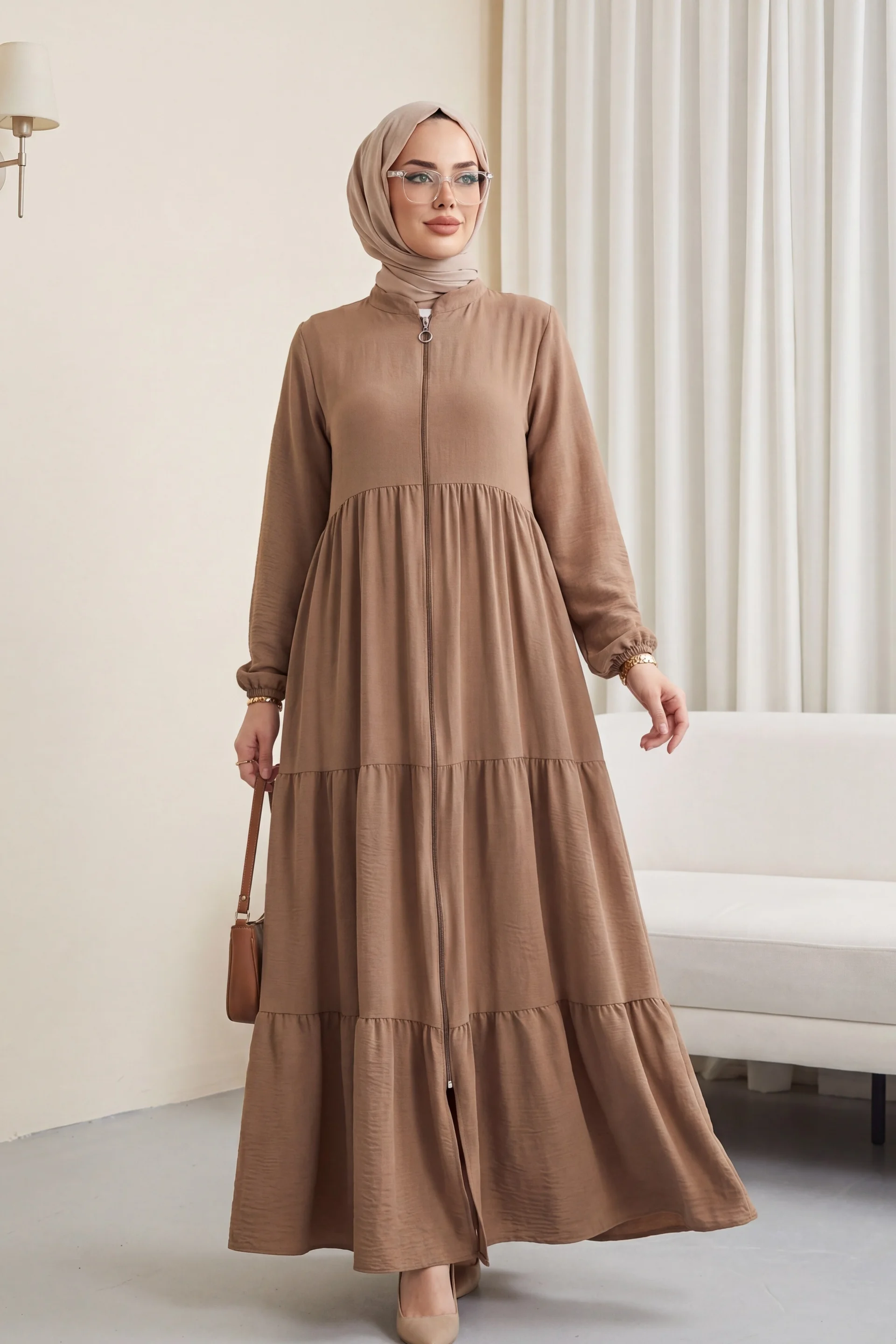 Full-Length Zip Tiered Gabardine Overhead Abaya Dress - Mink - Podyumplus - by Peralane