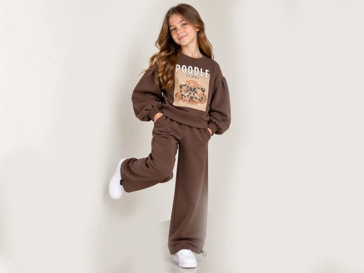 Girls' Brown Poodle Print Fleece Sweatshirt and Wide-Leg Trouser Set - ÖZ Bebe - by Peralane