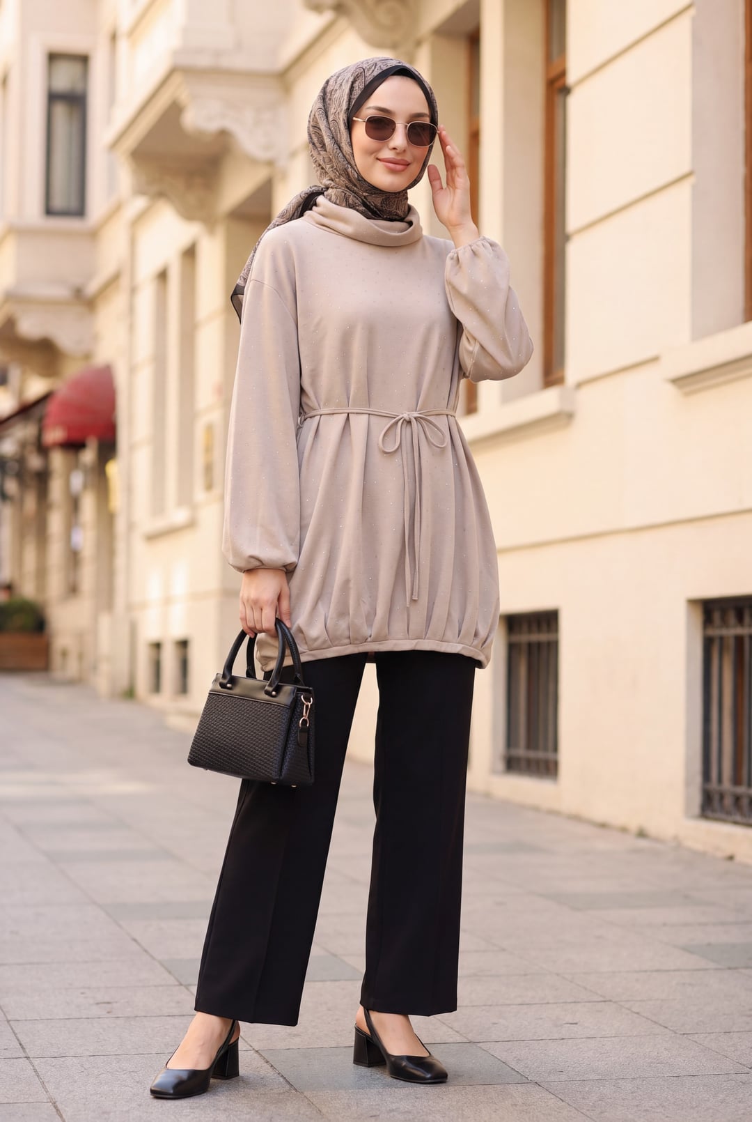Half-Neck Drawstring Waist Sweatshirt Tunic - Light Beige - Podyumplus - by Peralane - photo 2
