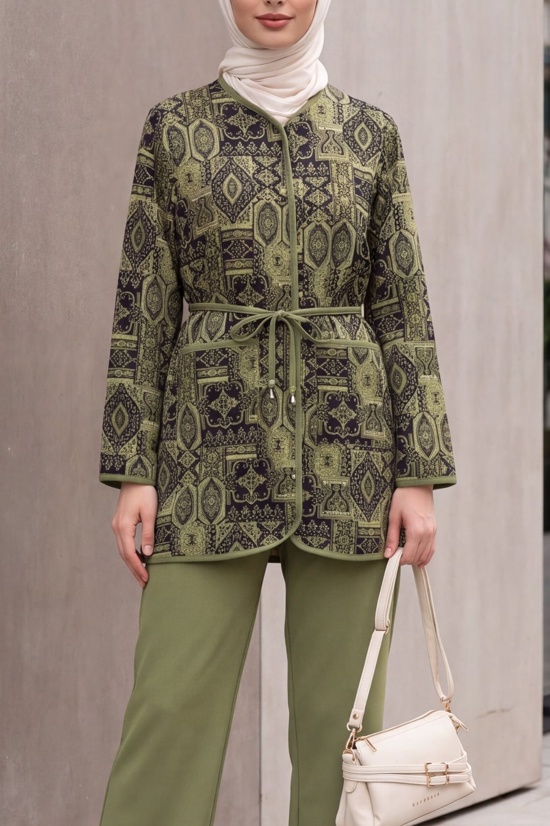 Women's Two-Piece Jacket and Trousers Set with Geometric Print - Olive Green - Podyumplus - by Peralane