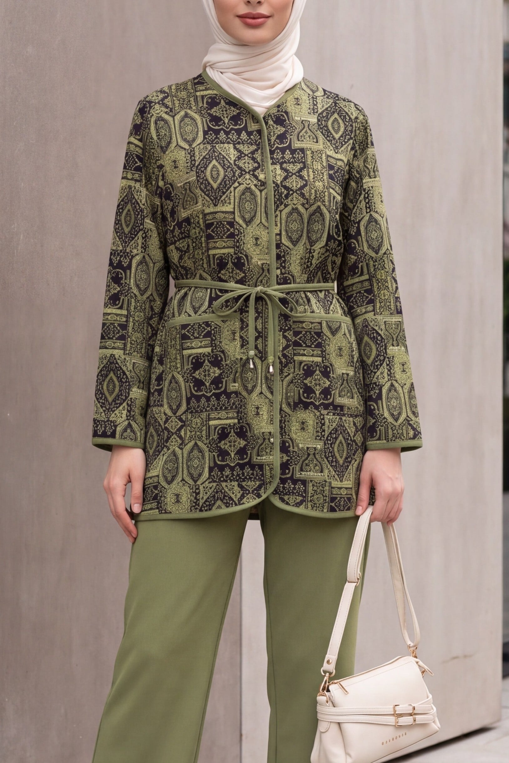 Women's Two-Piece Jacket and Trousers Set with Geometric Print - Olive Green - Podyumplus - by Peralane