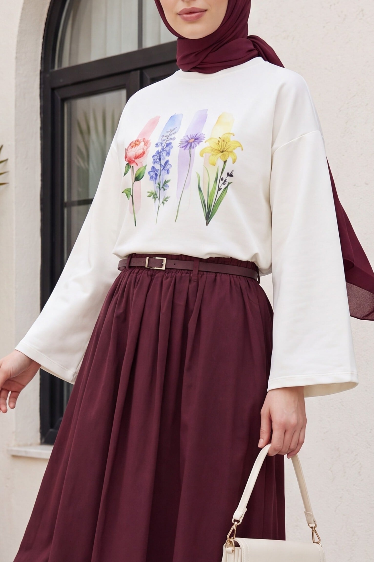 Floral Print Crew Neck Oversize 2-Thread Jersey Sweatshirt - Ecru - Podyumplus - by Peralane - photo 3