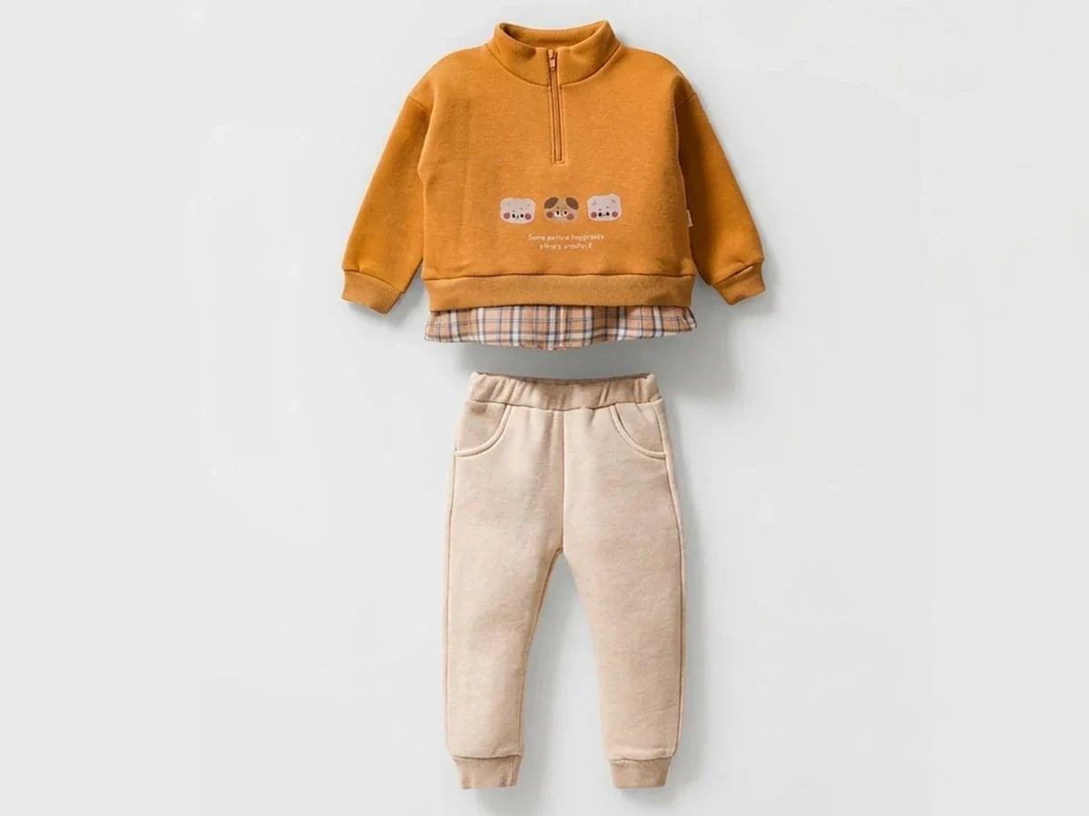 Boys' Animal Print Fleece Set with Sweatshirt and Trousers - Mustard - Vovido - by Peralane