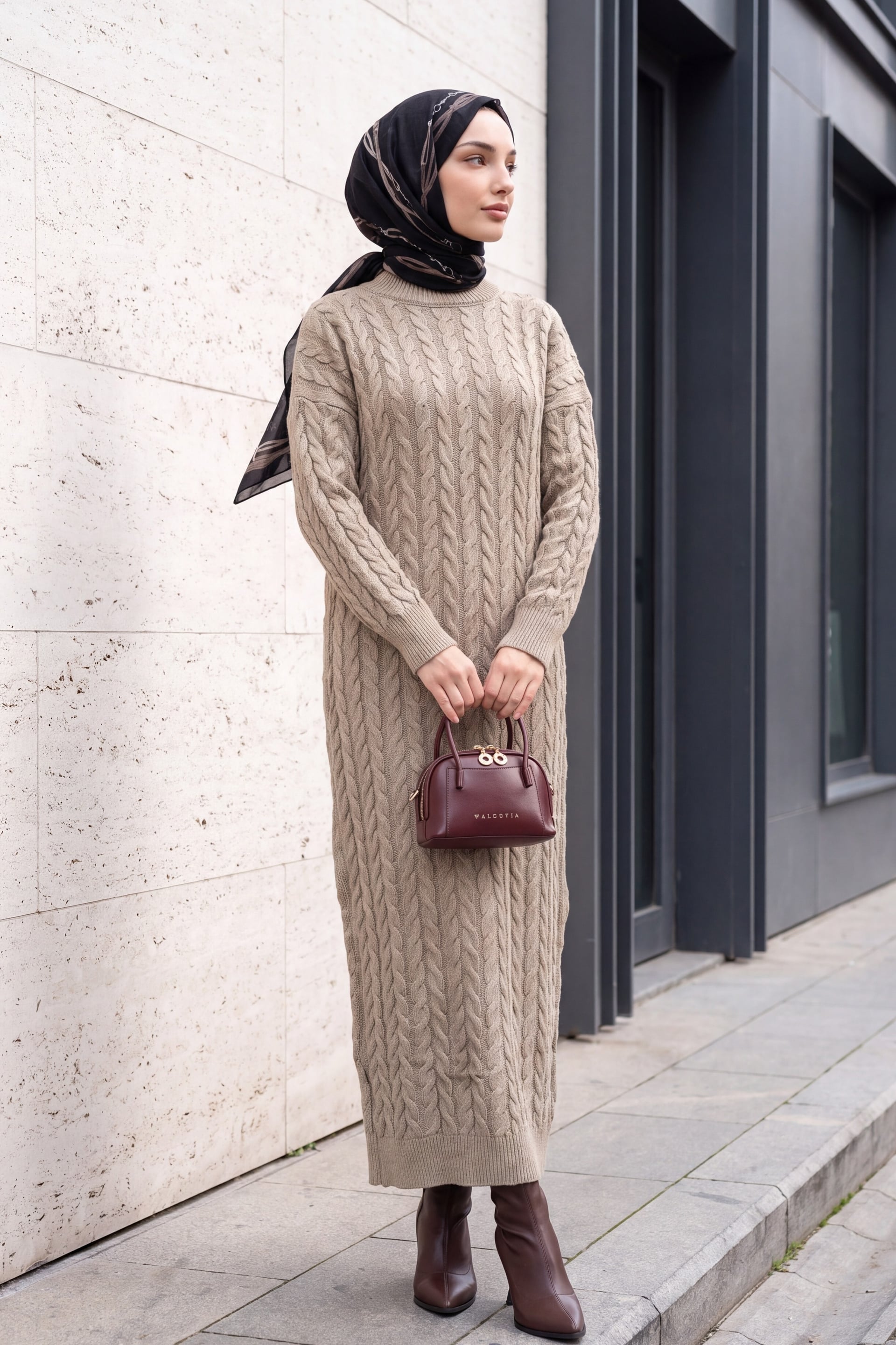 Cable Knit Sequin Knit Dress - Mink - Podyumplus - by Peralane - photo 3