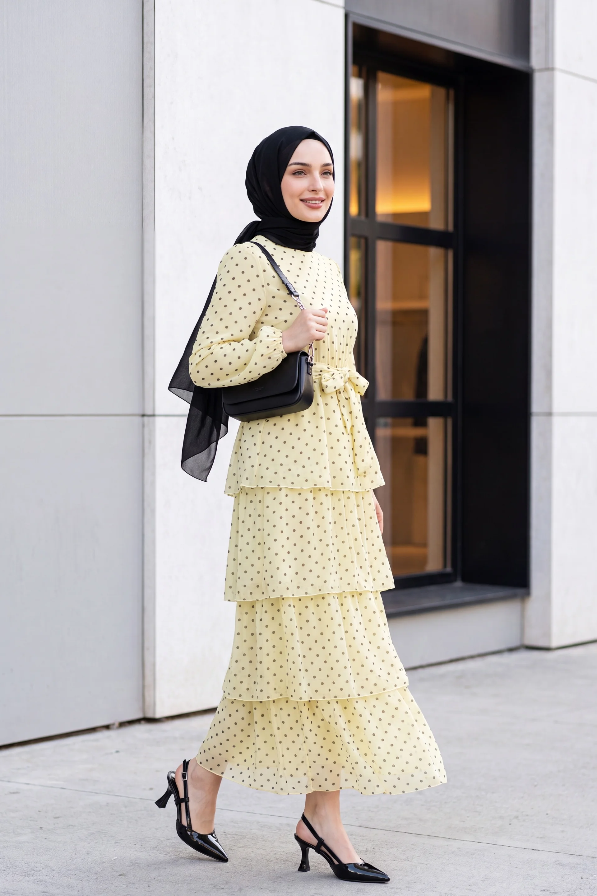 Layered Polka Dot Chiffon Dress with Cross Tie Waist - Light Yellow - Podyumplus - by Peralane - photo 4