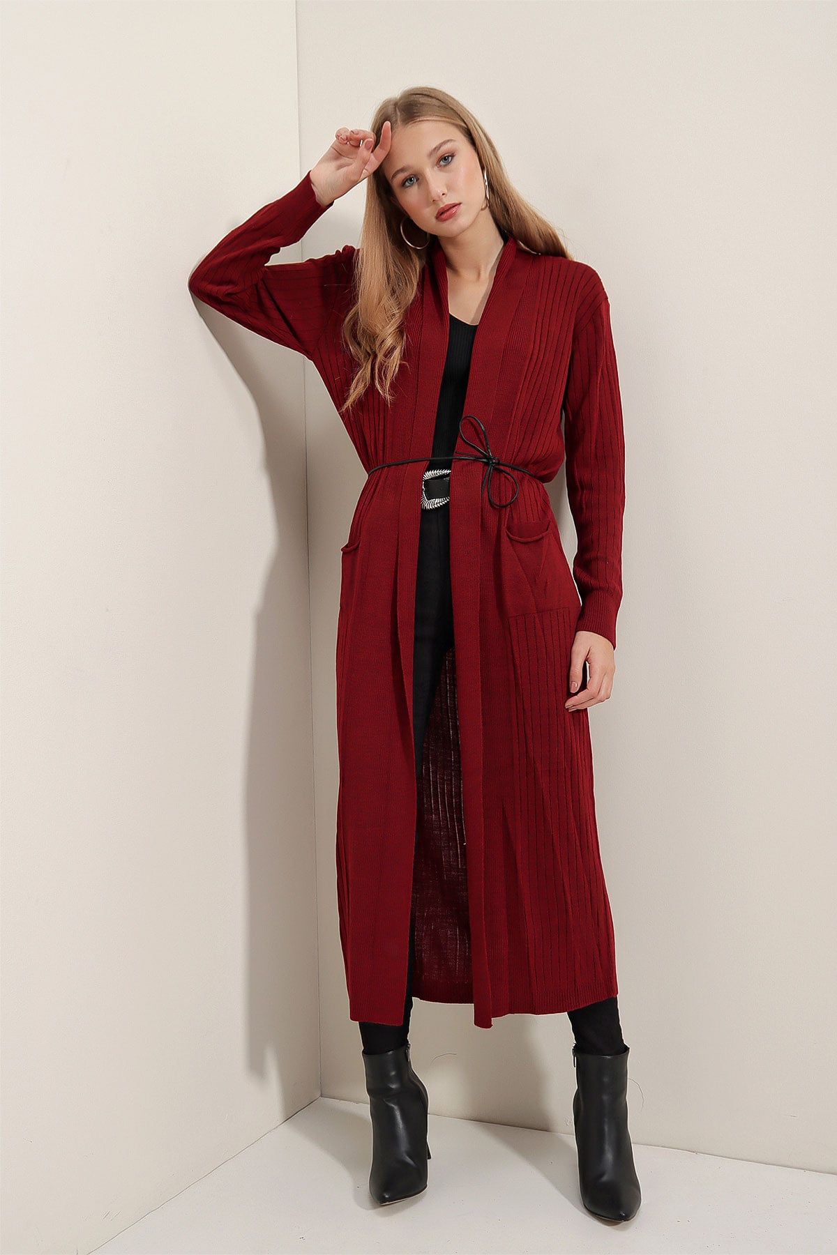 Long Ribbed Knit Cardigan with Belt - Burgundy - Bigdart - by Peralane - photo 5