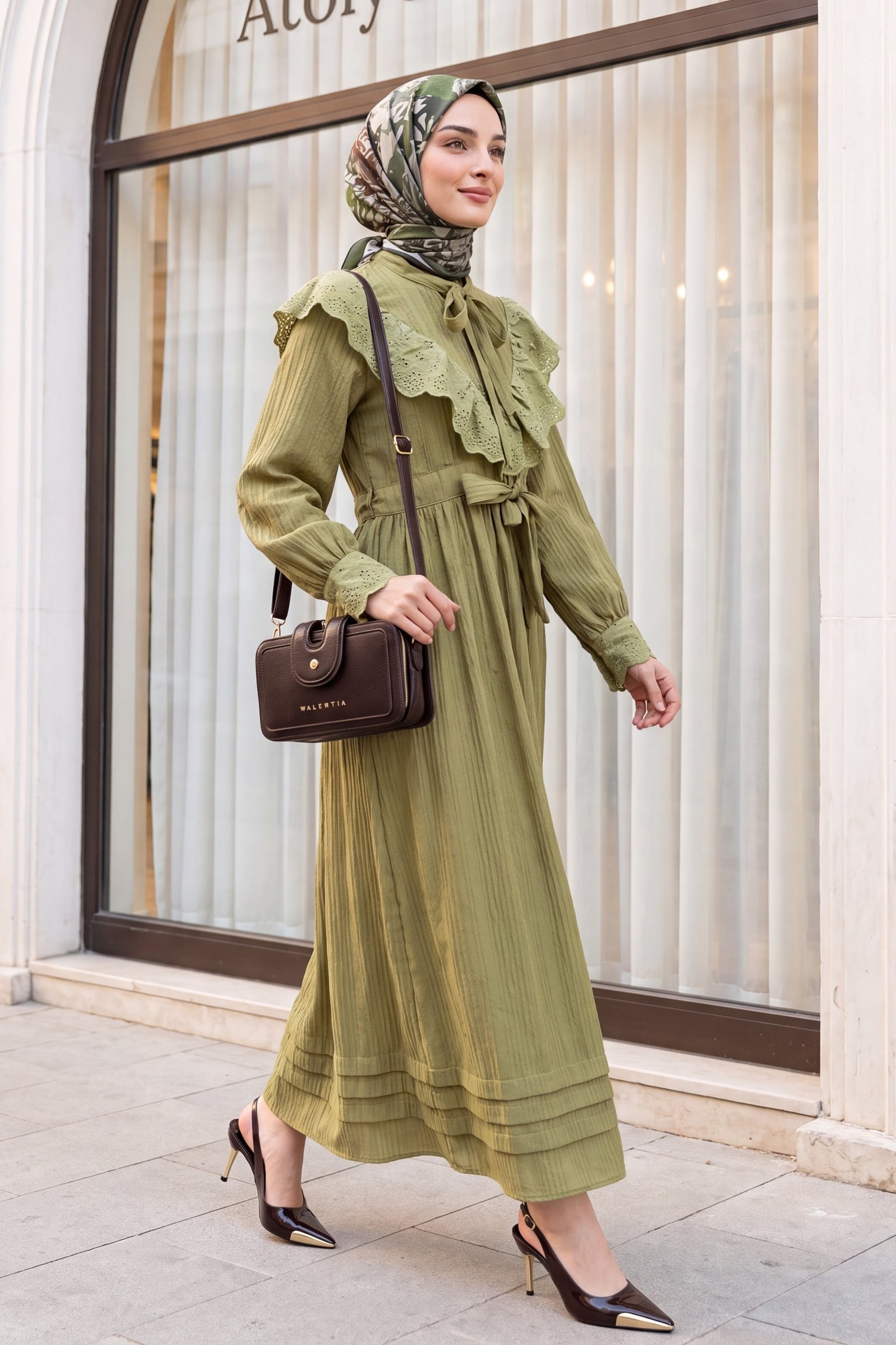 Tie-Neck Flounced Lined Crinkle Dress - Olive Green - Podyumplus - by Peralane - photo 3