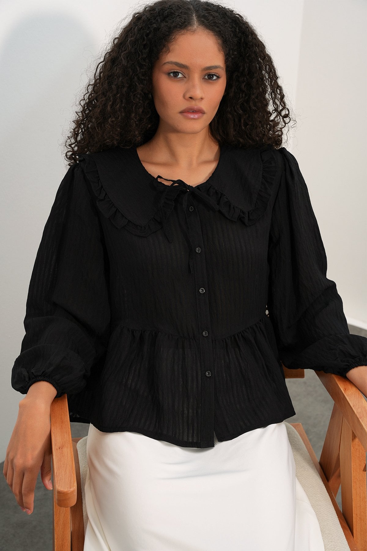 Women's Black Blouse with Ruffled Peter Pan Collar and Peplum Hem - Bigdart - by Peralane - photo 2