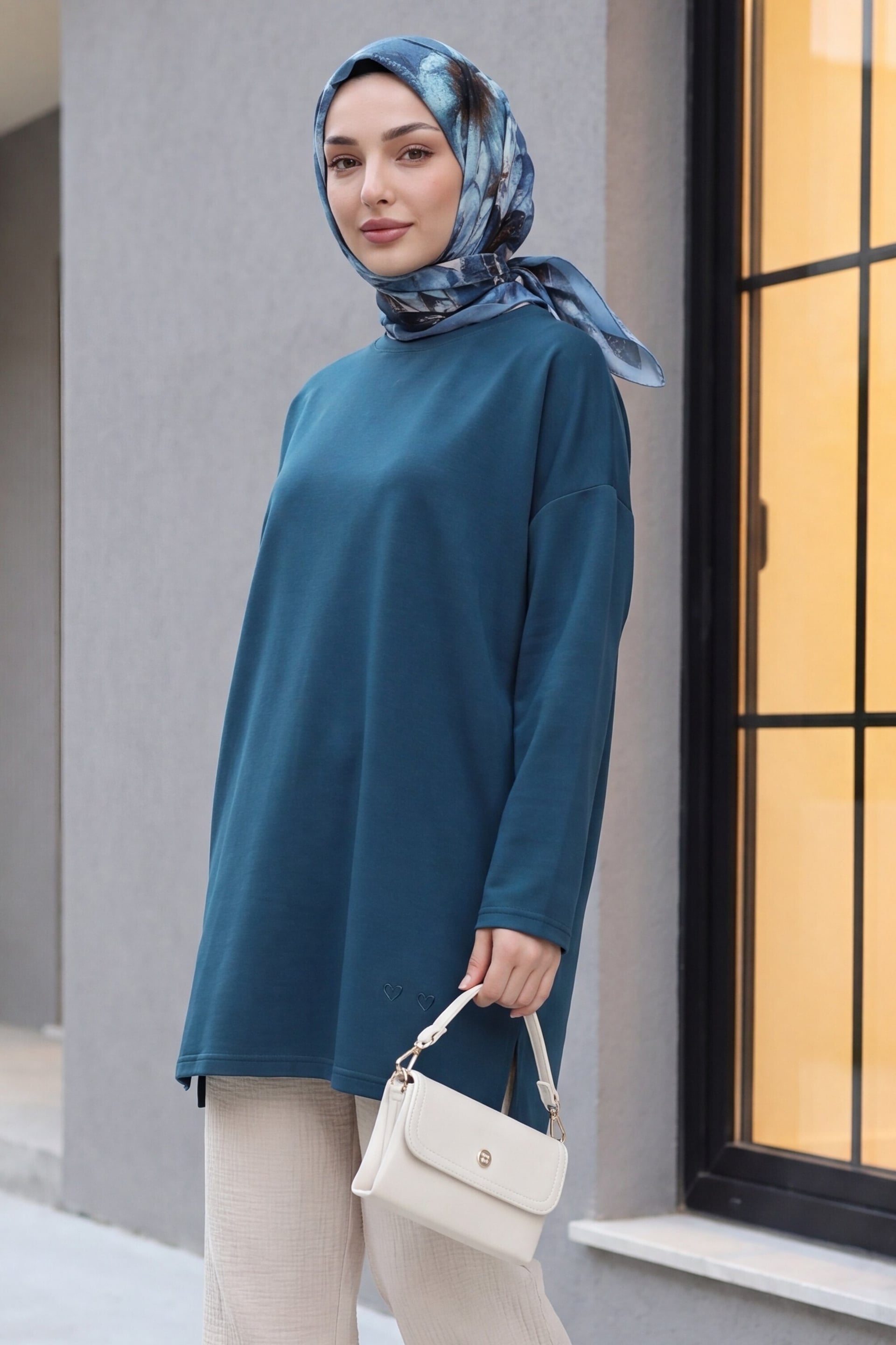 Teal Heart Detail Slit Slouchy Knit Tunic - Podyumplus - by Peralane - photo 5