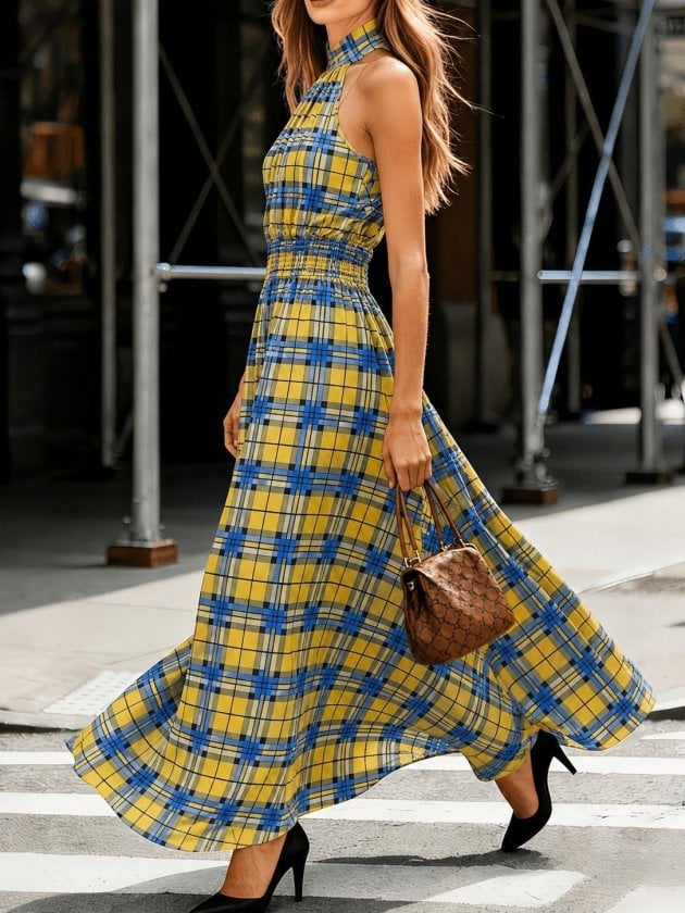 Women's Sleeveless Halter Neck Smocked Waist Plaid Maxi Dress - Janes - by Peralane - photo 2