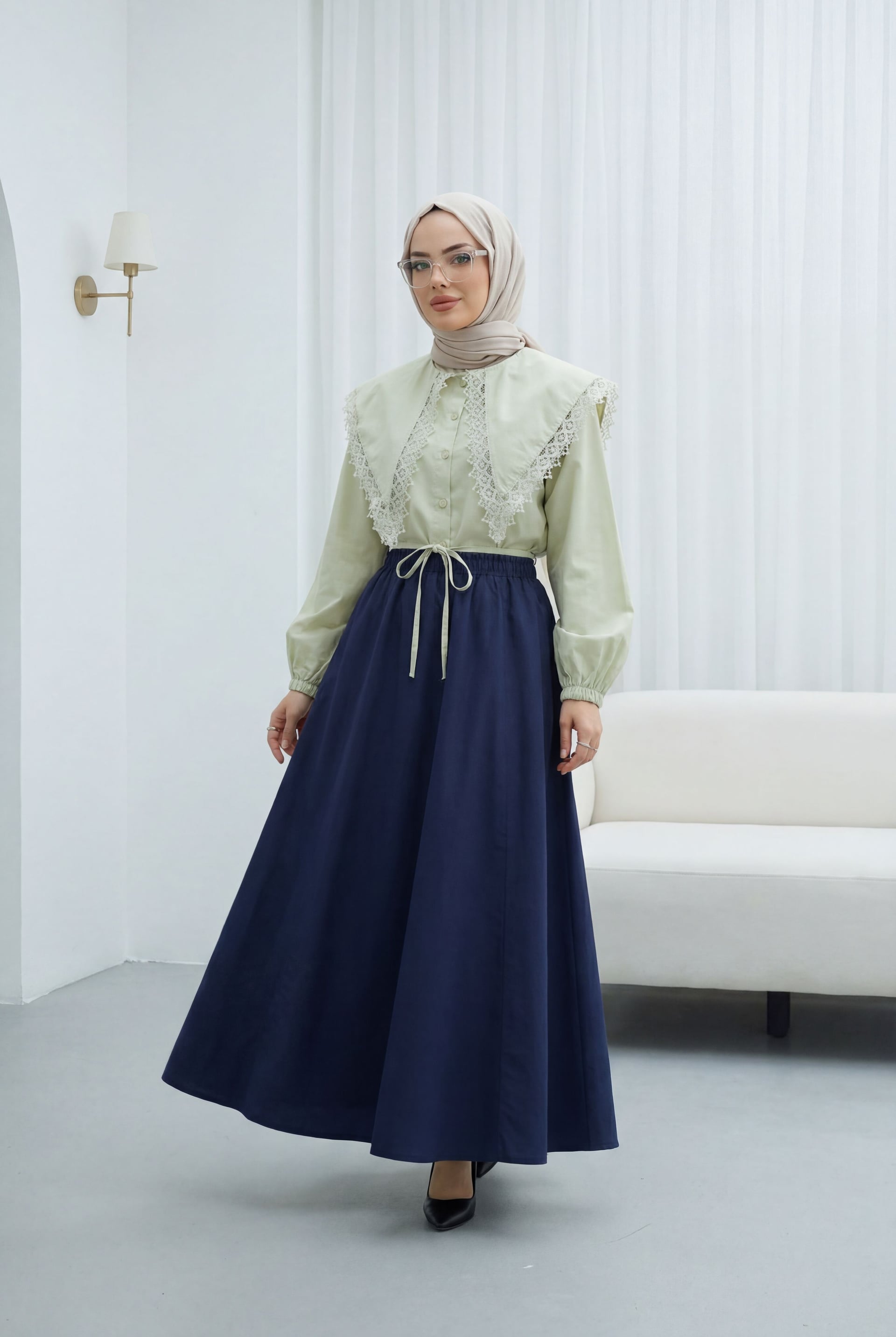Lace Collar Tie Waist Poplin Blouse - Sea Green - Podyumplus - by Peralane - photo 2