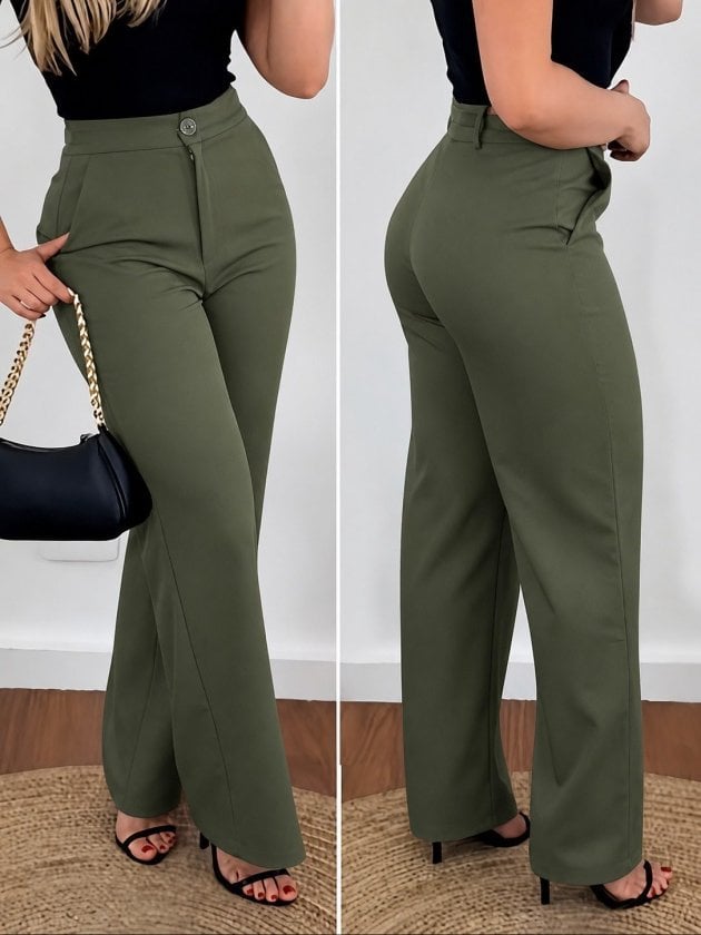 Women's High Waist Beltless Satin Trousers in Olive Green - Janes - by Peralane