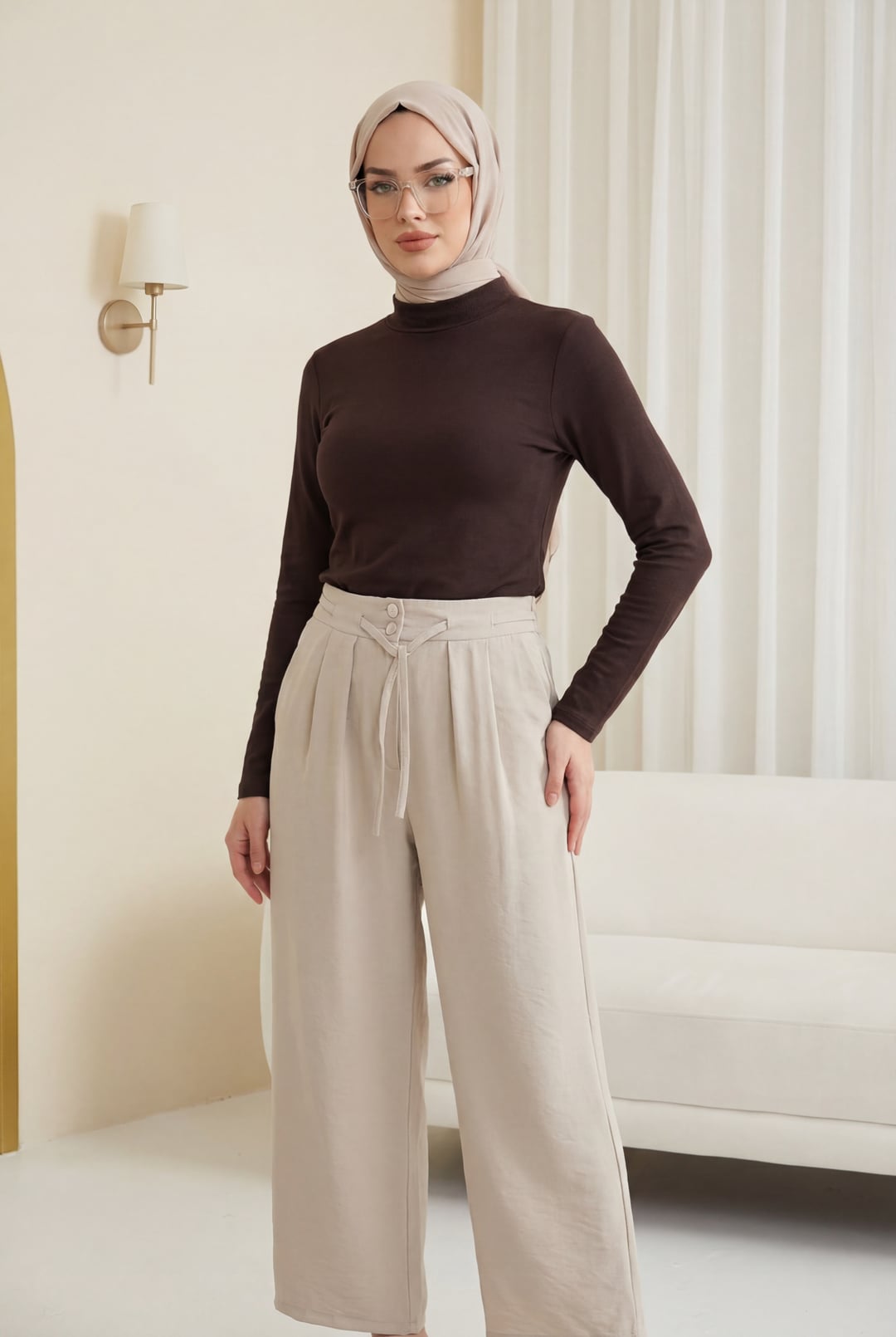 High Waist Drawstring Trousers with Double Button Detail - Stone - Podyumplus - by Peralane - photo 3