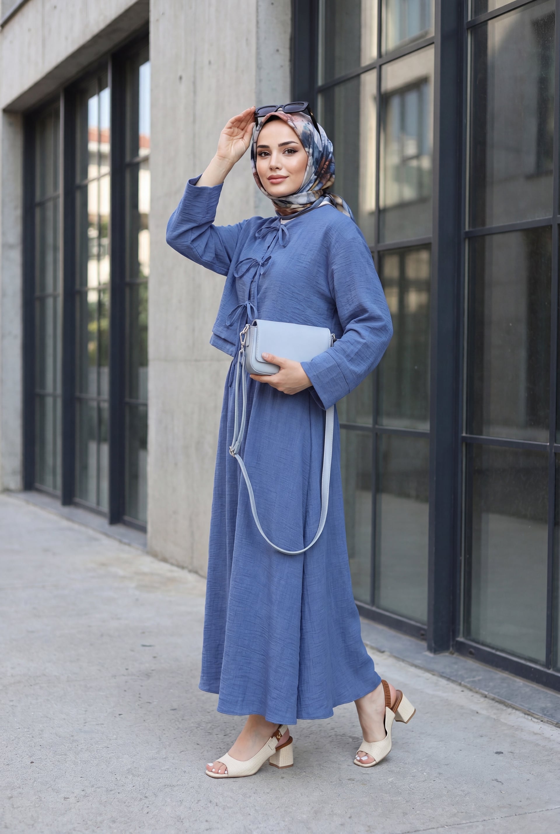 Blue Tie-Front Waistband Flared Linen Look Women's Set - Podyumplus - by Peralane - photo 2