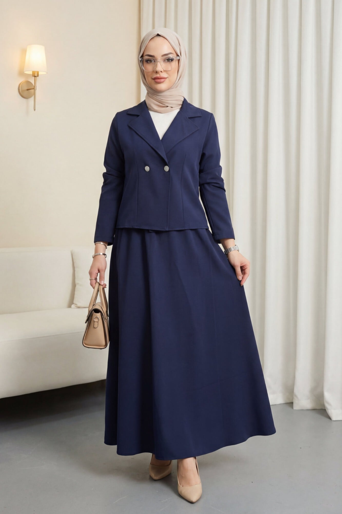 Double-Breasted Notch Lapel Blazer and A-Line Skirt Set in Navy - Podyumplus - by Peralane