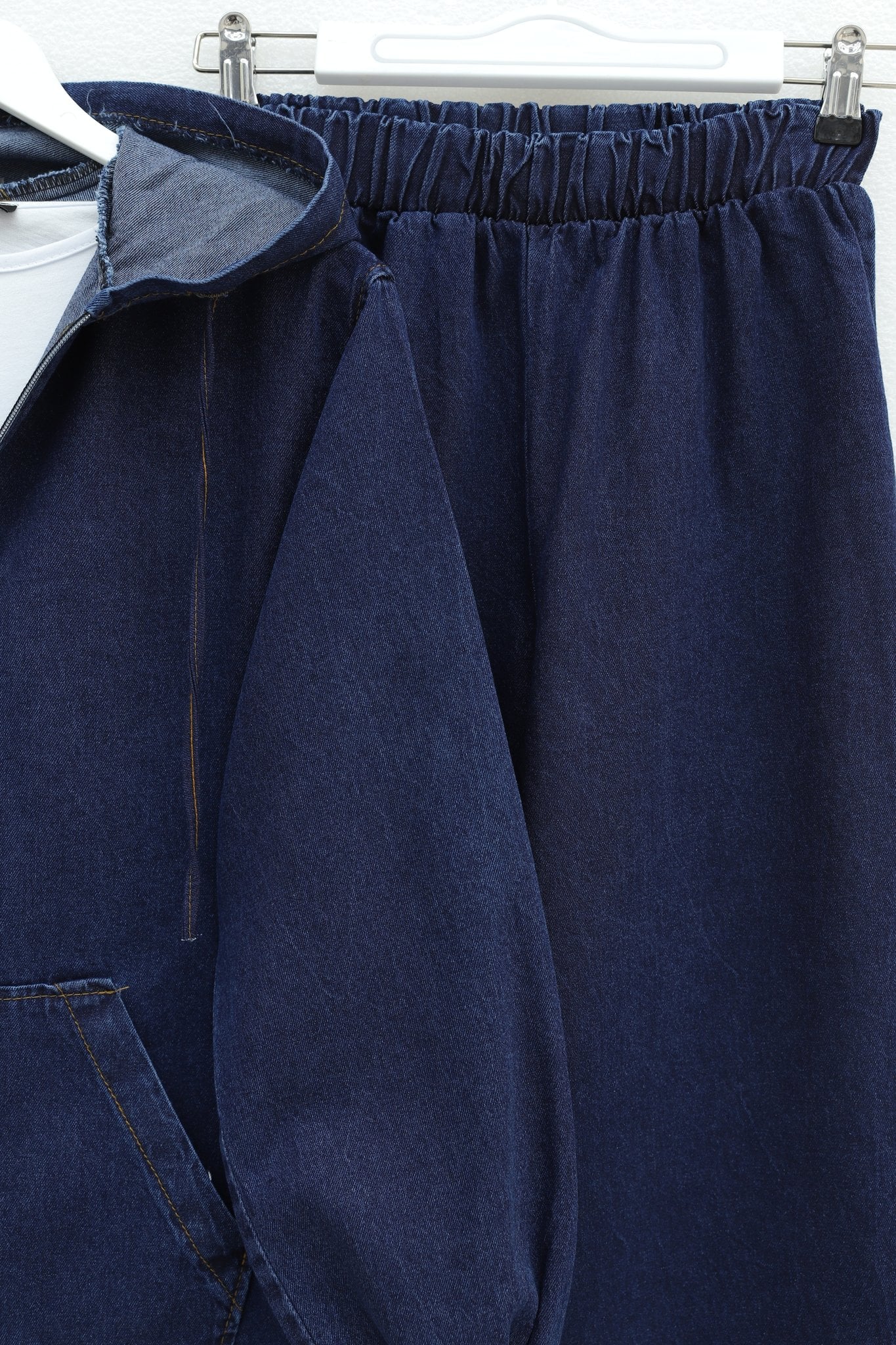 Hooded Zip-Front Denim Tracksuit with Elastic Cuffs and Pockets - Dark Blue - Podyumplus - by Peralane - photo 4