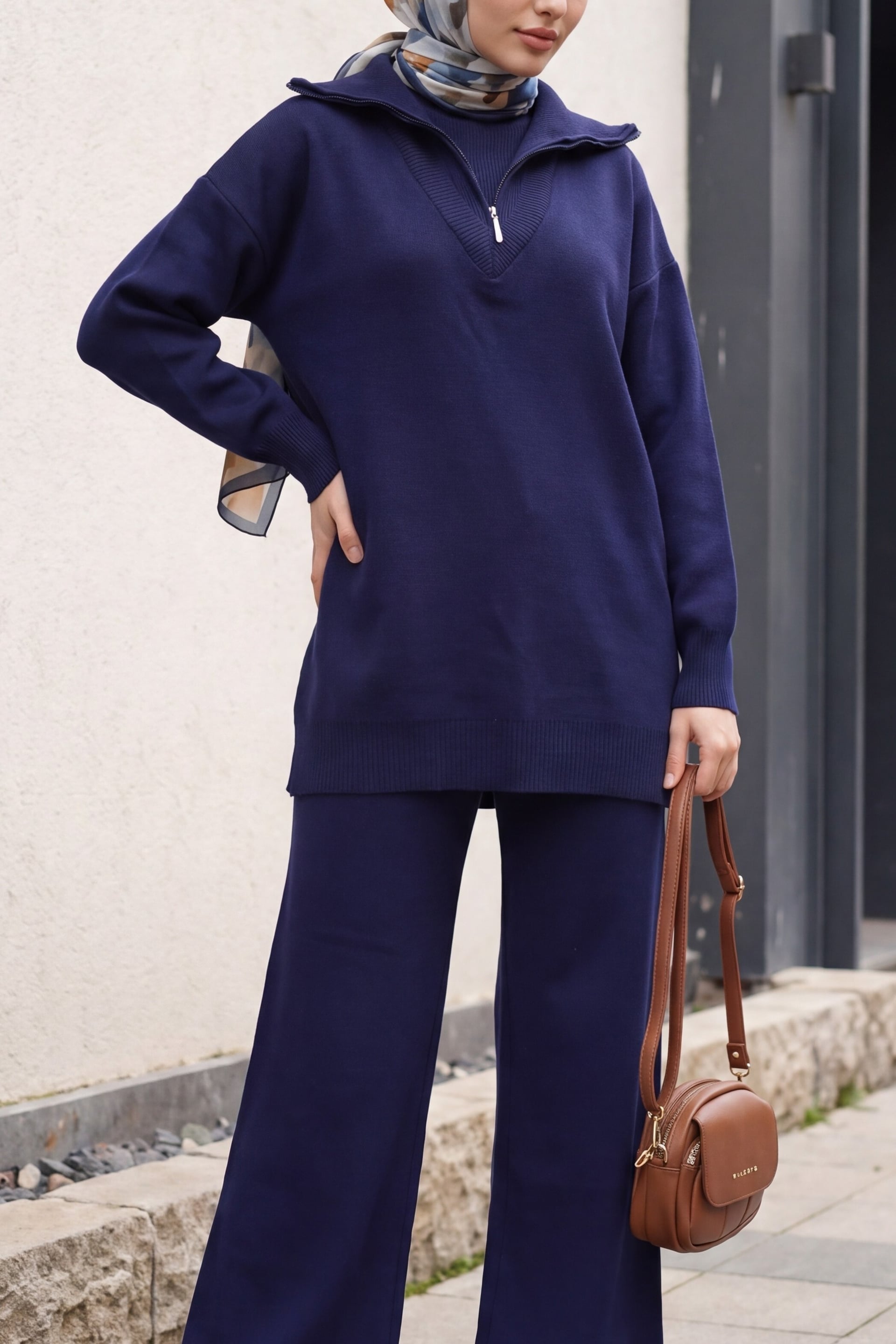Navy Blue Knit Co-ord Set with Zip and Slit Details - Podyumplus - by Peralane - photo 2