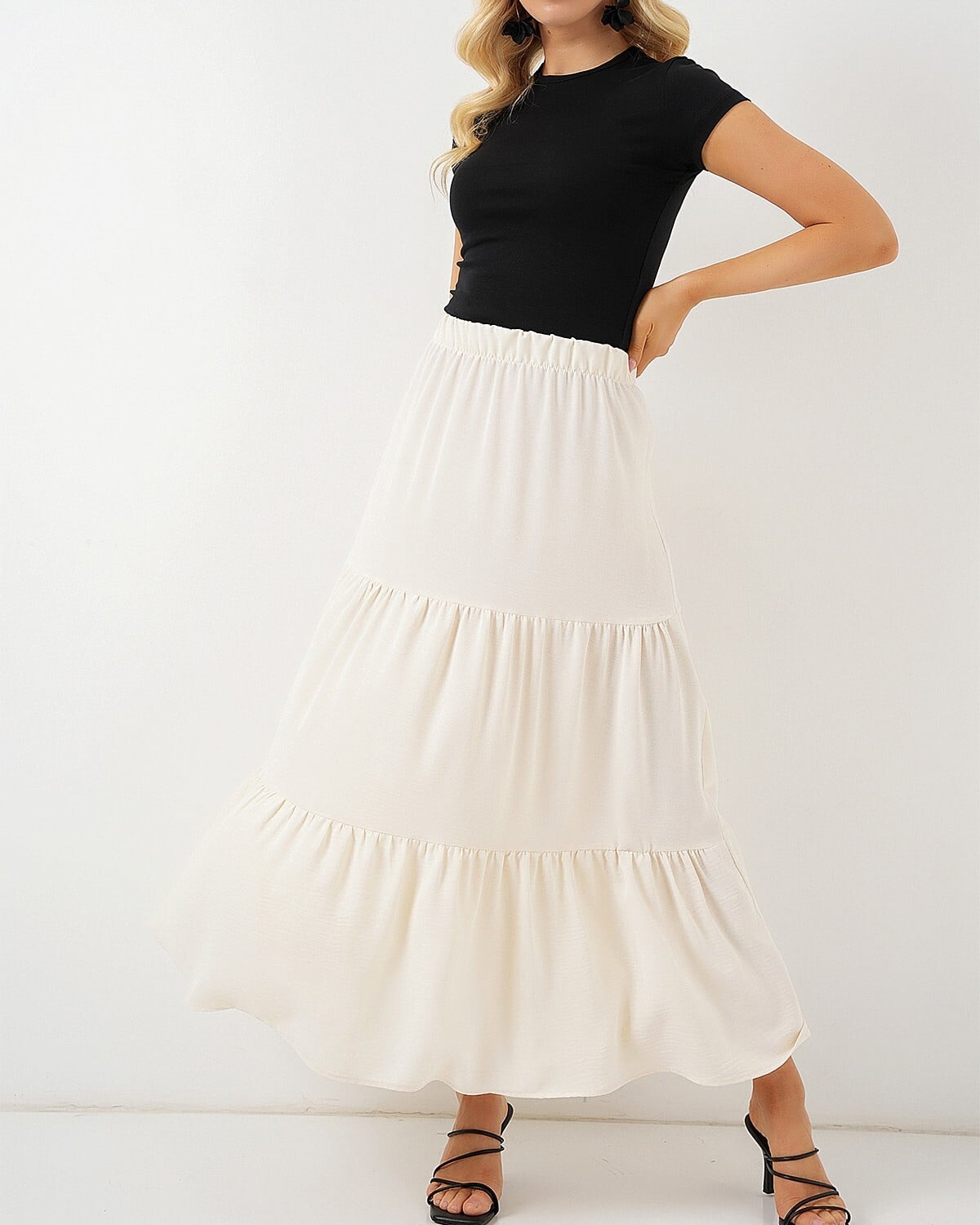 Women's Long Tiered Skirt in Cream - 8048 - Bigdart - by Peralane