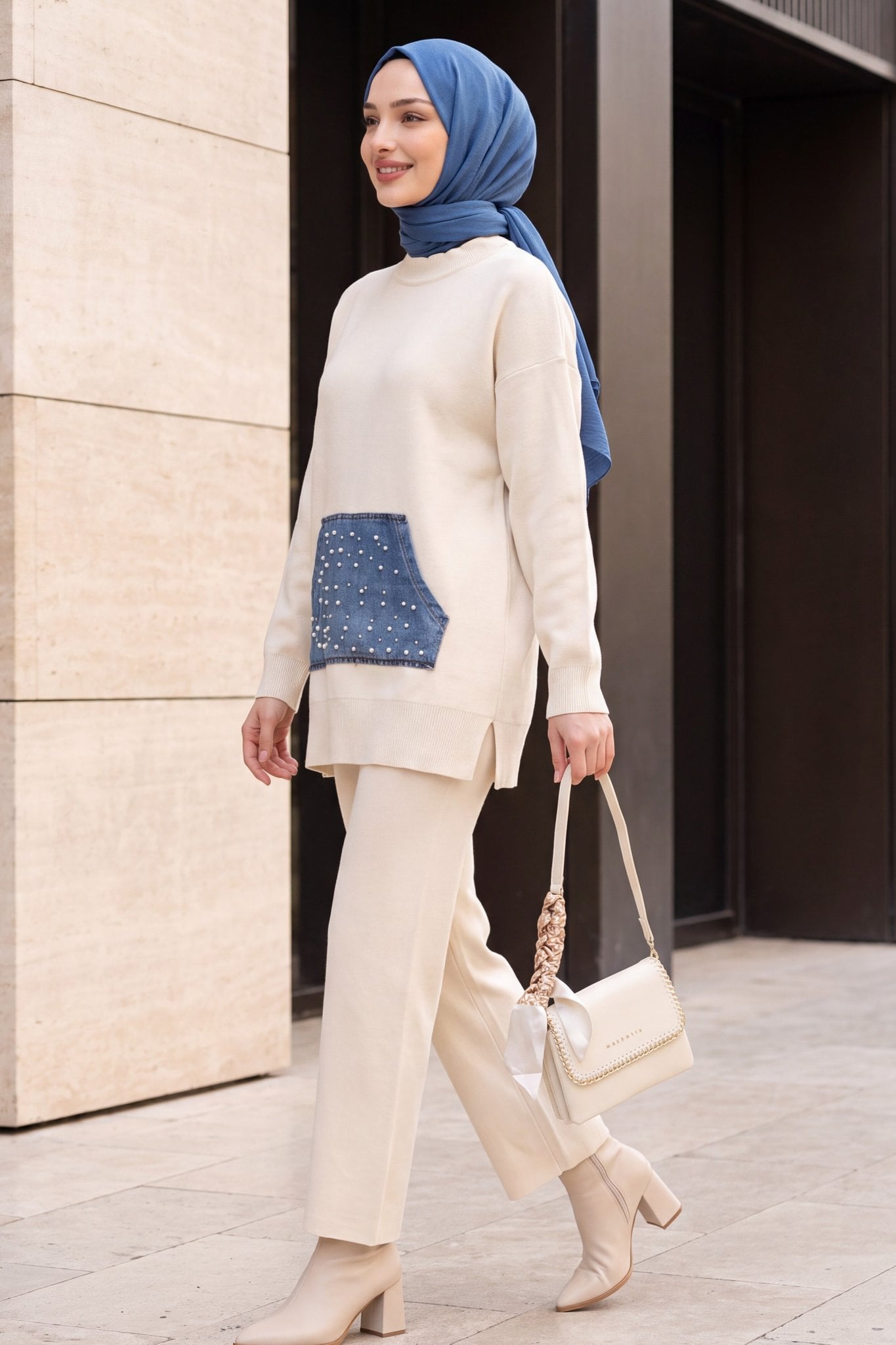 Cream Knit Tunic and Wide-Leg Trousers Set with Denim Pocket - Podyumplus - by Peralane - photo 4