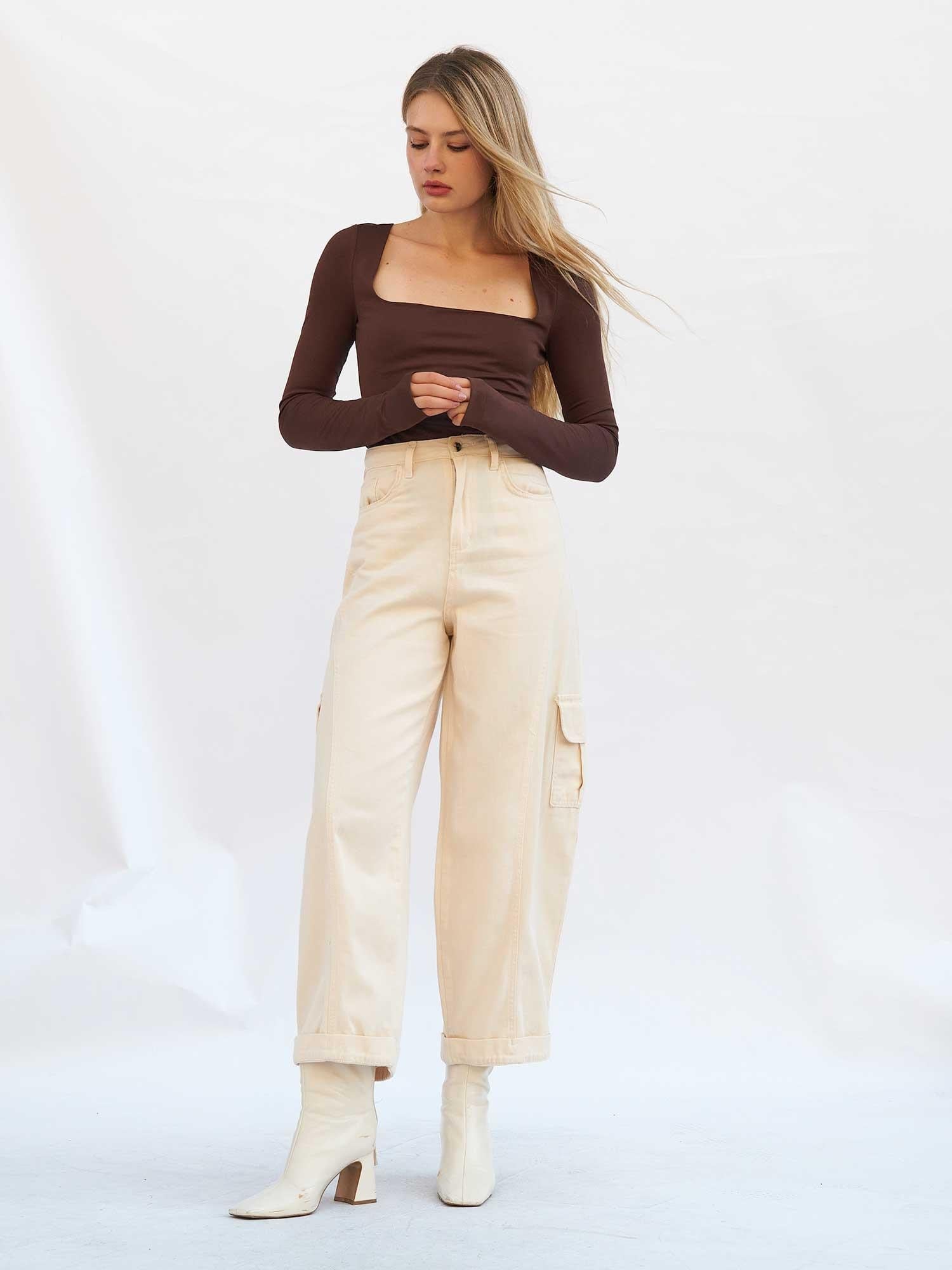 Square Neck Long-Sleeve Knit Bodysuit – Dark Brown - Lefon - by Peralane - photo 4