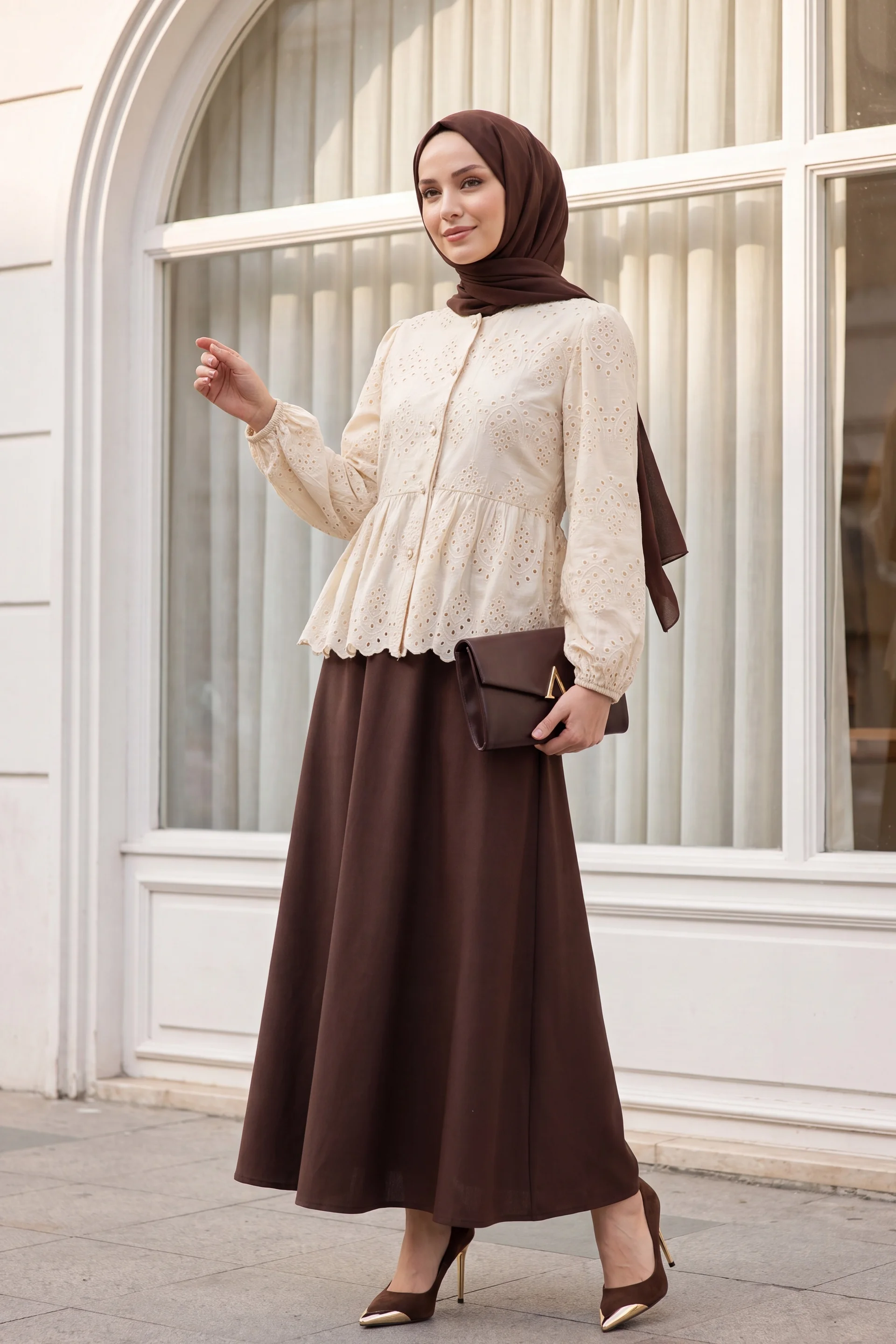 Cream Eyelet Embroidered Peplum Blouse with Puff Sleeves - Podyumplus - by Peralane - photo 4