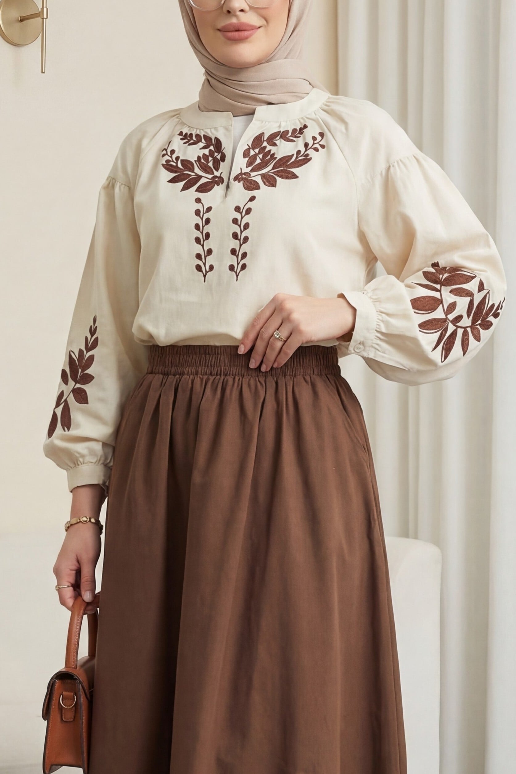 Cream Blouse and Brown Skirt Women's Co-ord Set with Floral Embroidery - Podyumplus - by Peralane