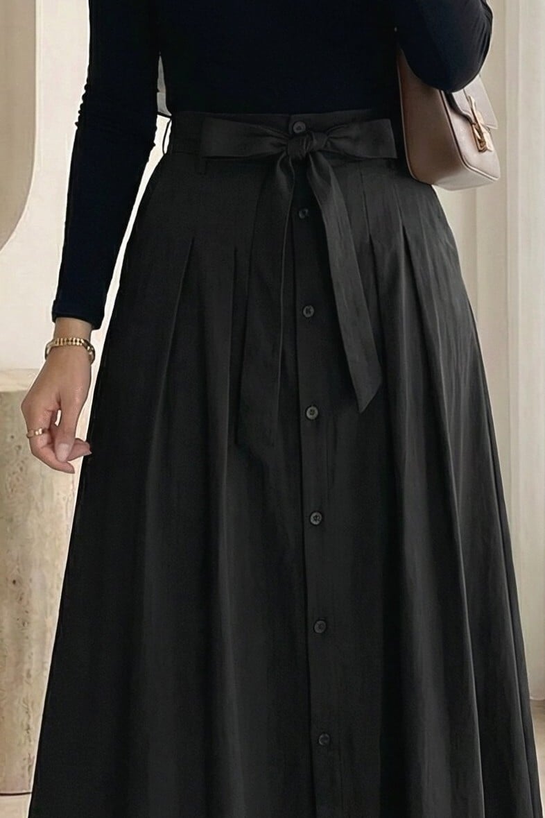 Button-Front Tie-Waist Parachute Skirt - Black - Podyumplus - by Peralane - photo 2