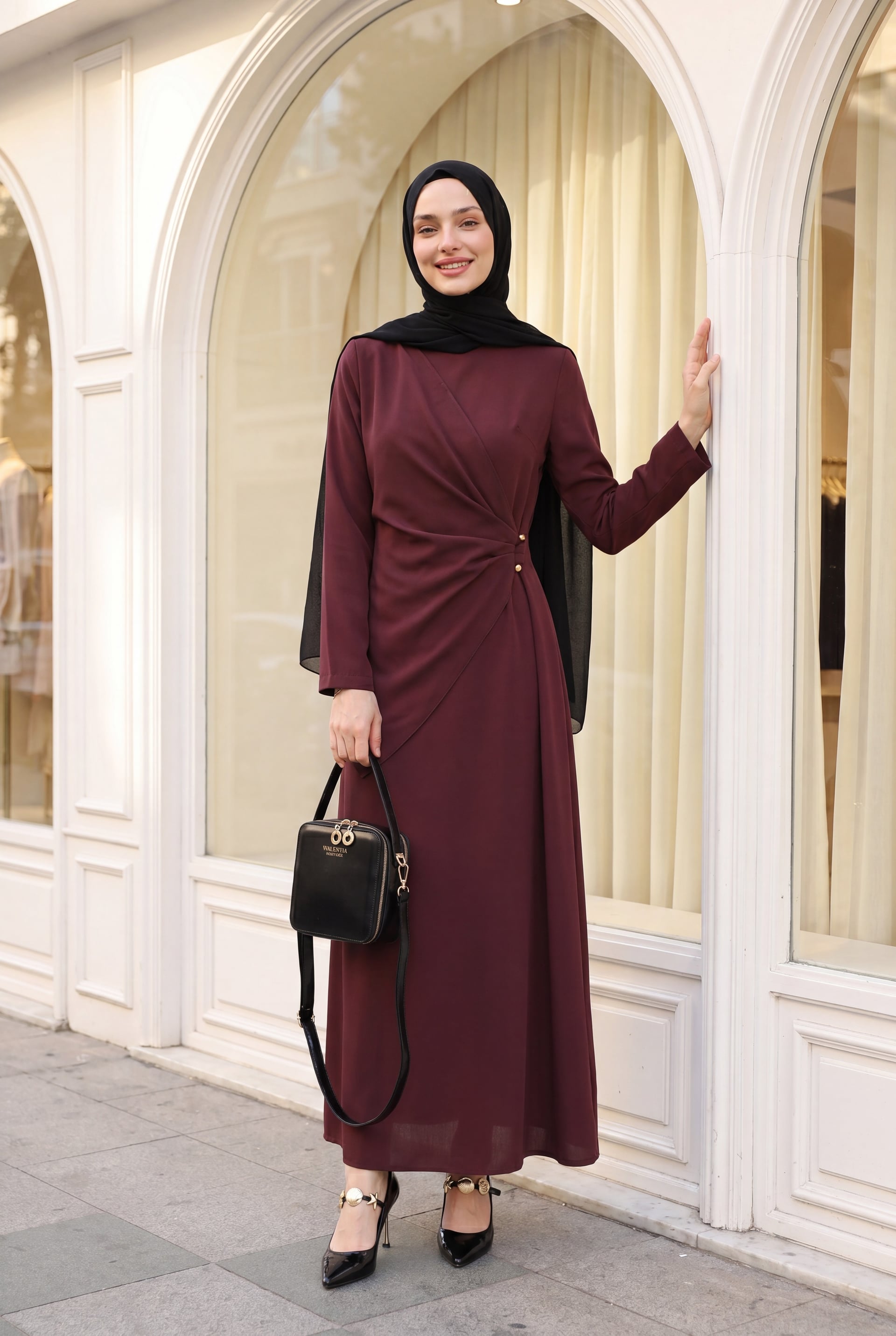 Round Neck Cross Wrap Buckle Dress in Deep Burgundy - Podyumplus - by Peralane