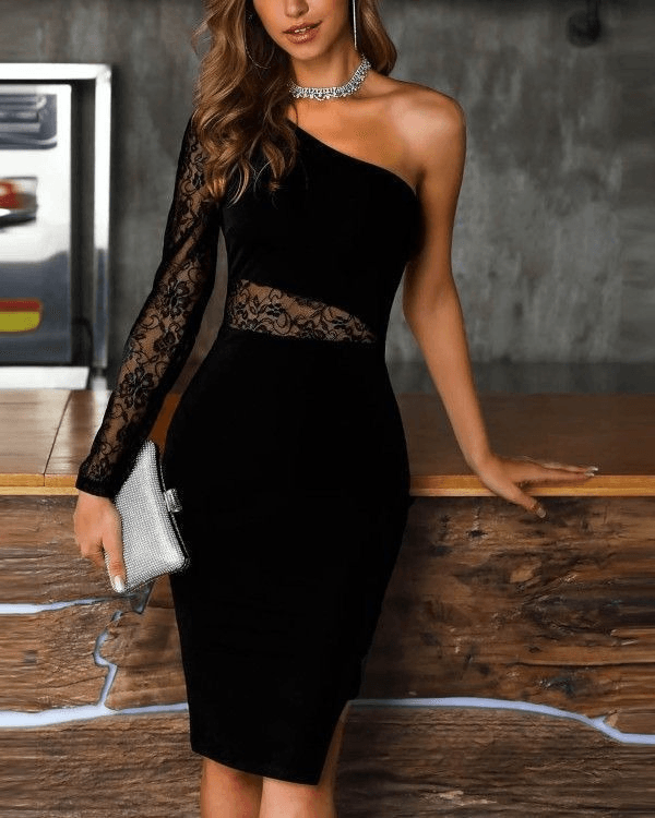 Women's Black One-Shoulder Lace Detail Crepe Dress - Janes - by Peralane
