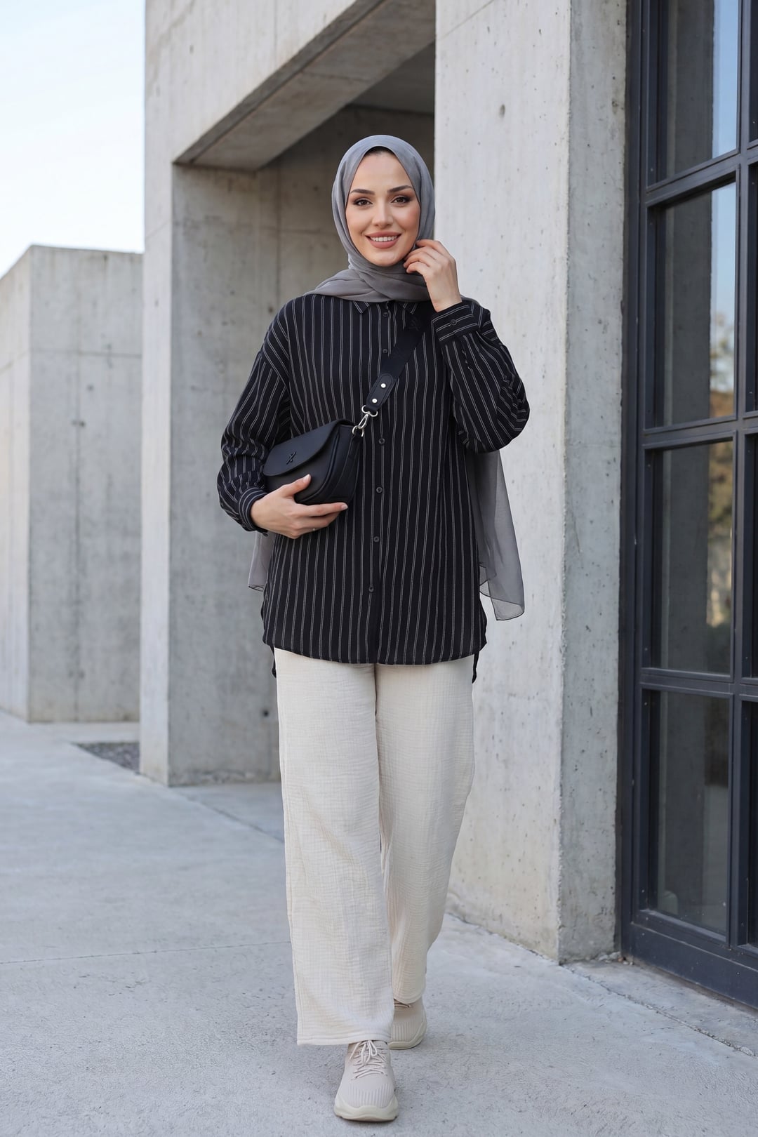 Striped Slit Casual Linda Shirt - Black - Podyumplus - by Peralane