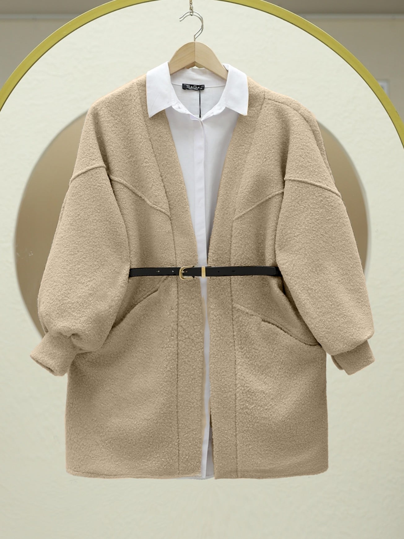 Oversize Boucle Cardigan with Pockets and Balloon Sleeves - Beige - Podyumplus - by Peralane