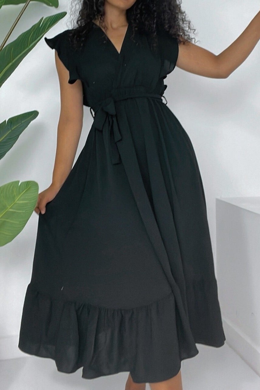 Black Flutter Sleeve Midi Dress with Tie Belt - Podyumplus - by Peralane