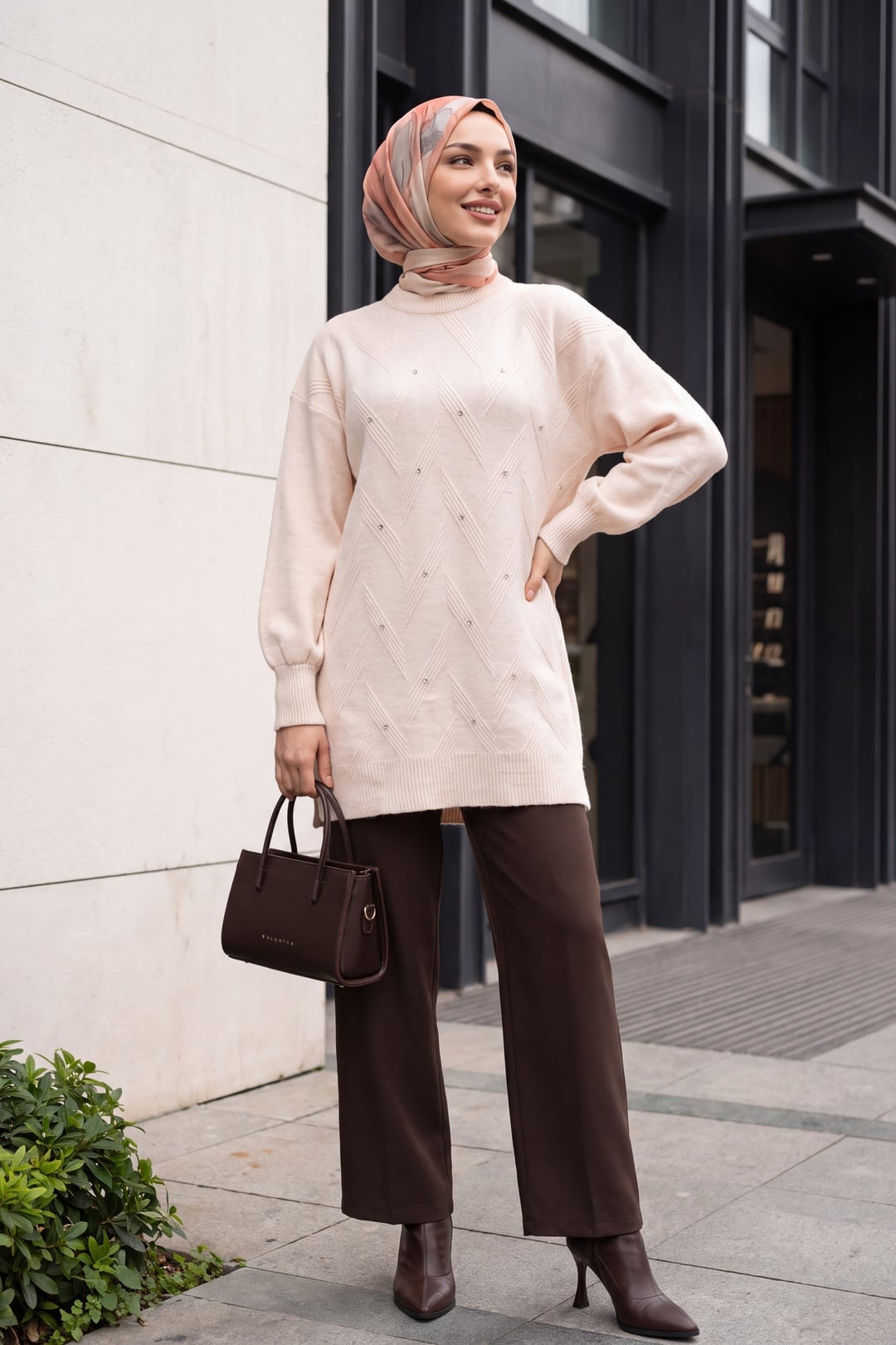 Powder Pink Rhinestone Balloon Sleeve Loose Knit Tunic - Podyumplus - by Peralane - photo 3
