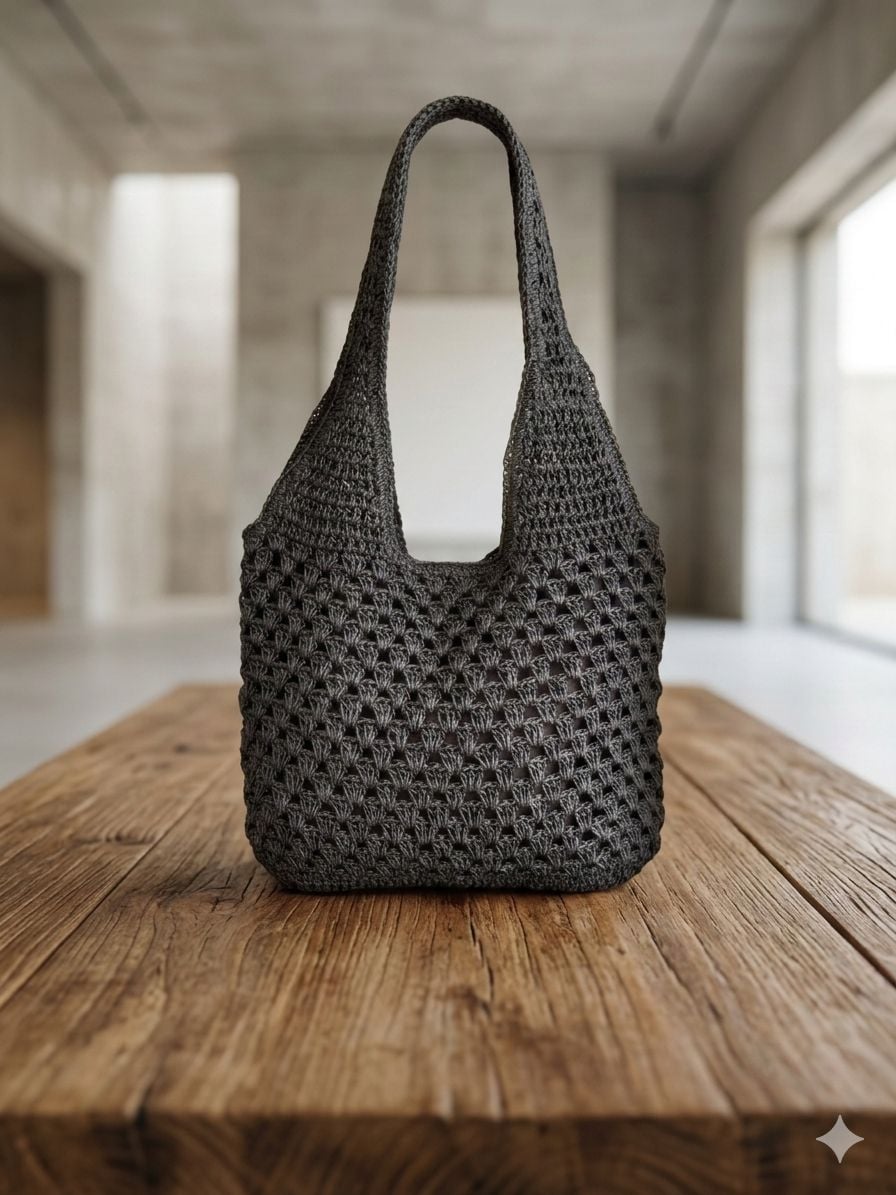 Hand-Crocheted Tote Bag in Dark Grey - Nesvay - by Peralane
