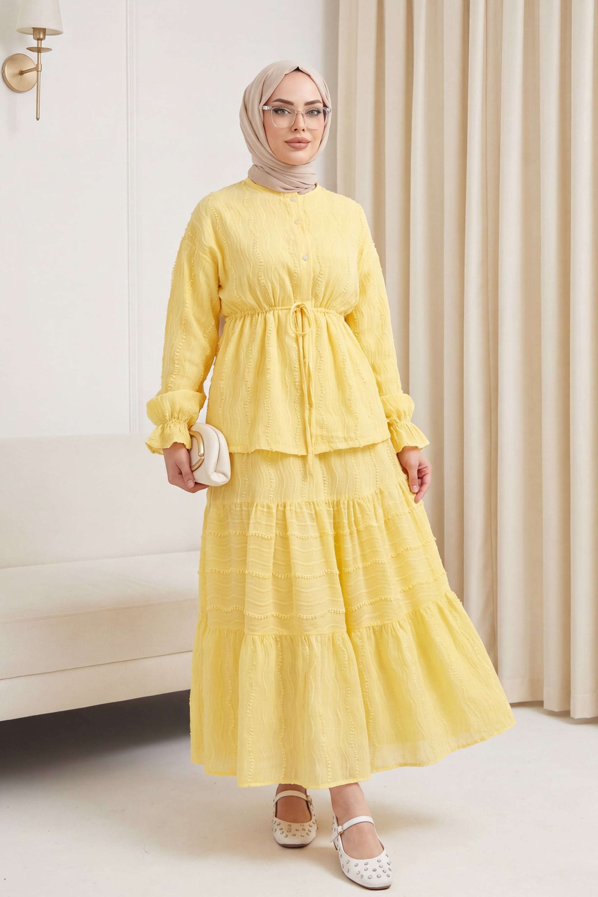 Women’s Button-Front Yellow Modest Two-Piece Set with Embroidered Lace Skirt - Podyumplus - by Peralane - photo 2