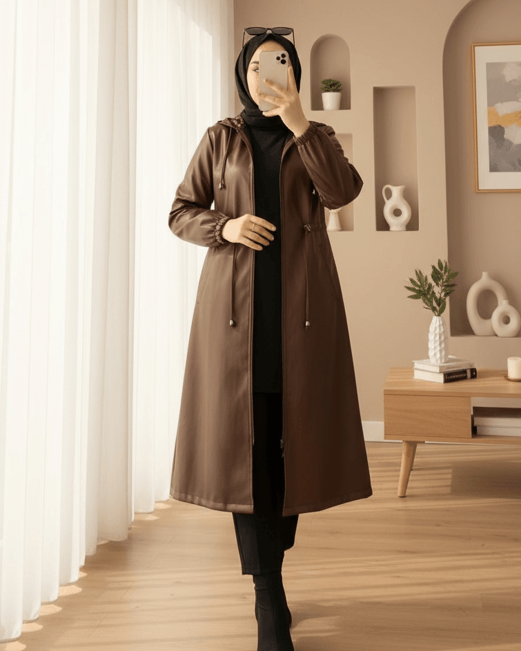 Hooded Brown Faux Leather Jacket with Drawstring Waist - Podyumplus - by Peralane - photo 2